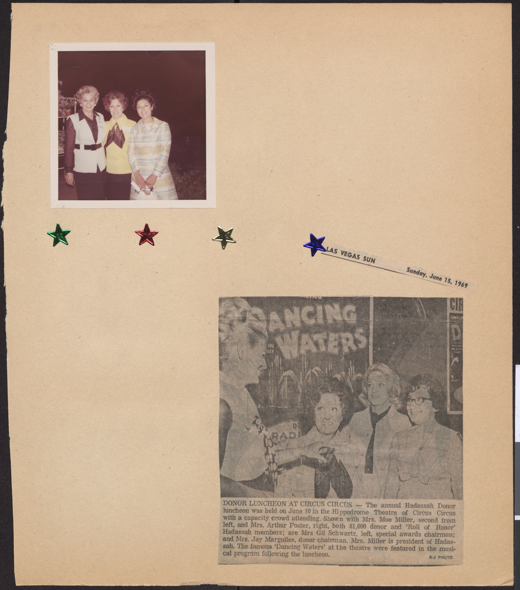 Photograph of three Hadassah members, and newspaper clipping, Donor luncheon at Circus Circus, Las Vegas Sun, June 15, 1969