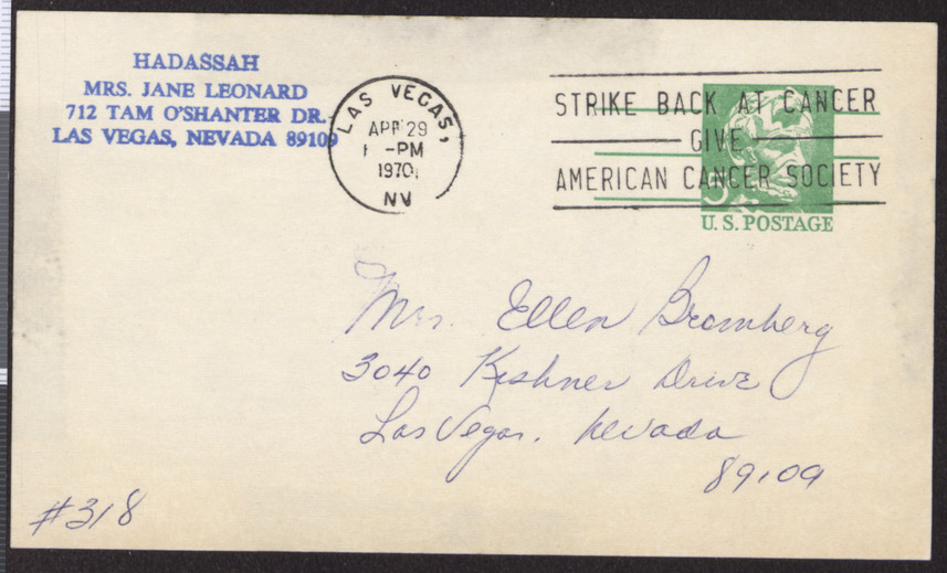 Mailing from Hadassah (Mrs. Jane Leonard, Las Vegas, Nev.) to Mrs. Ellen Bromberg (Las Vegas, Nev.), reverse, April 29, 1970