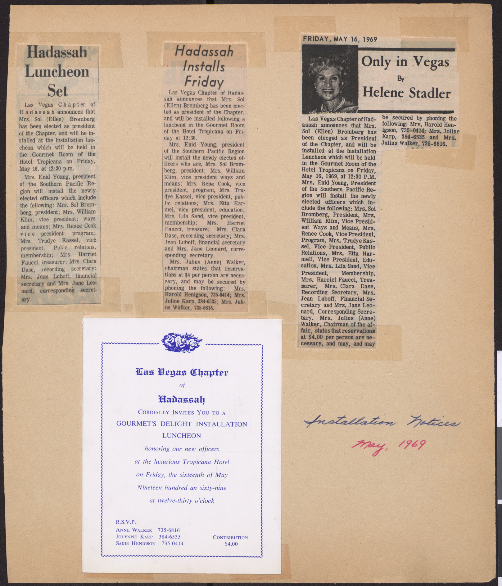 Newspaper clippings about Hadassah officer installation luncheon and event invitation, May 1969