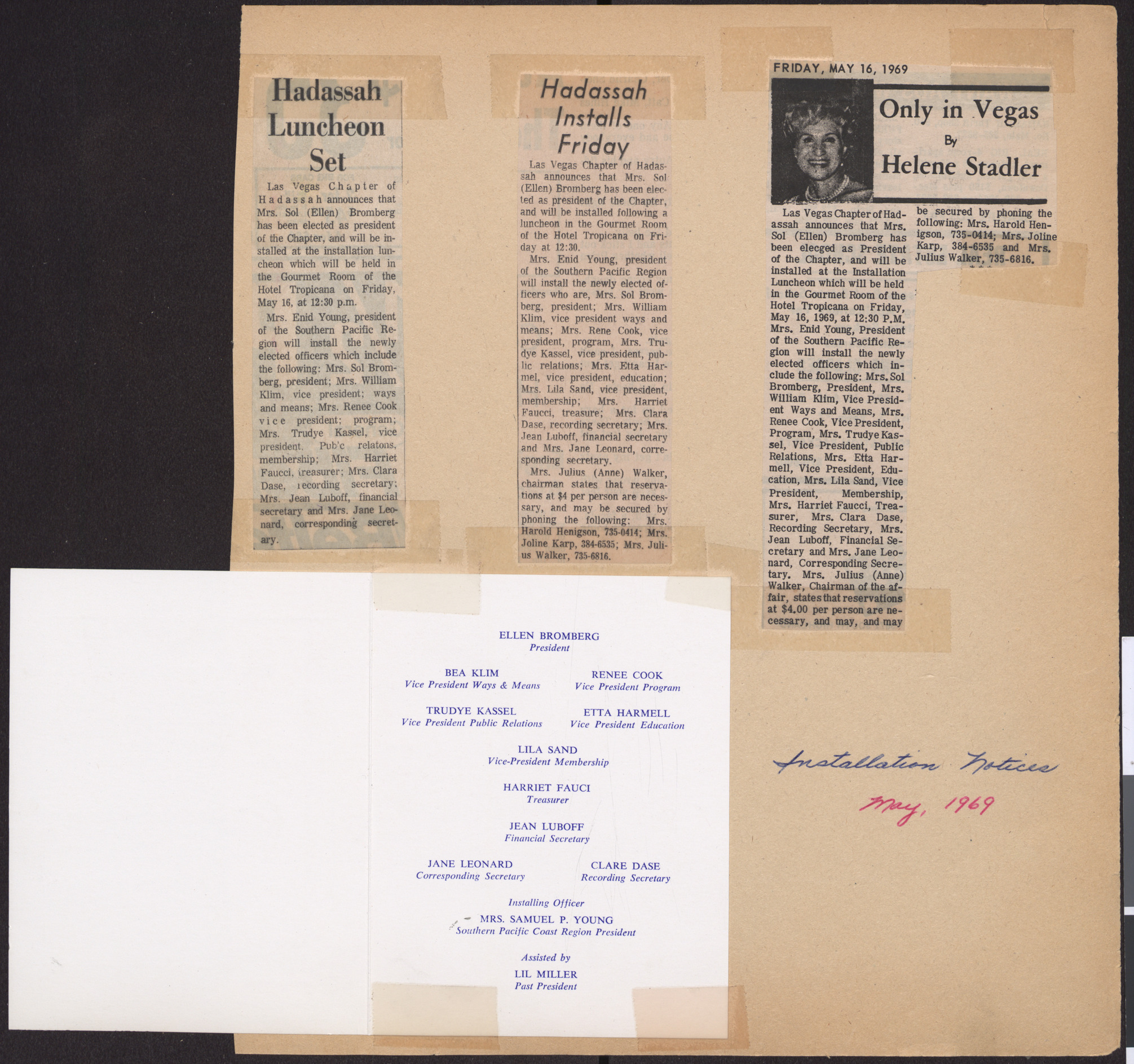 Invitation to Hadassah Installation Luncheon, May 16, 1969, open