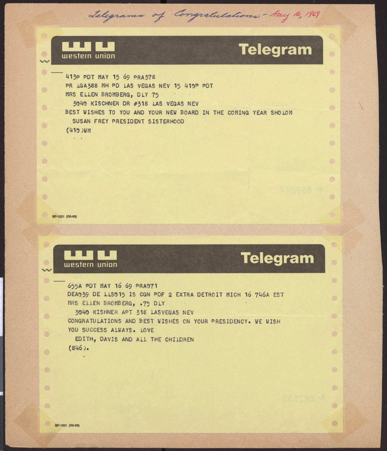 Telegrams congratulating Ellen Bromberg on Hadassah board installation, May 1969