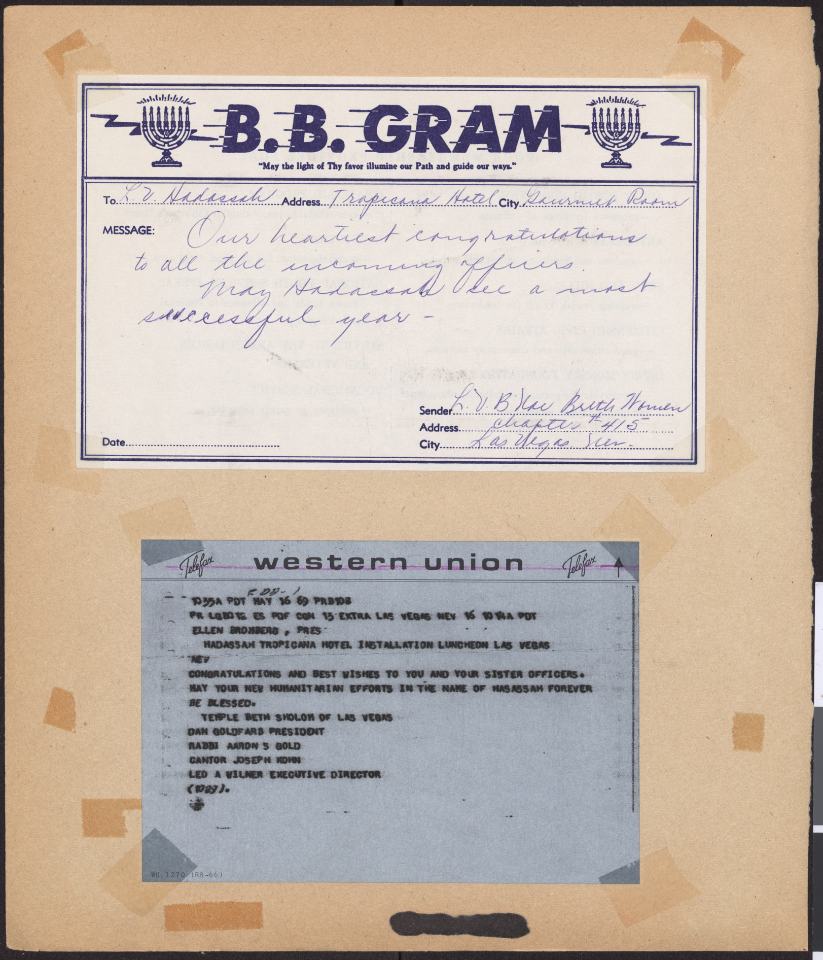 Telegrams congratulating Ellen Bromberg on Hadassah board installation, May 1969