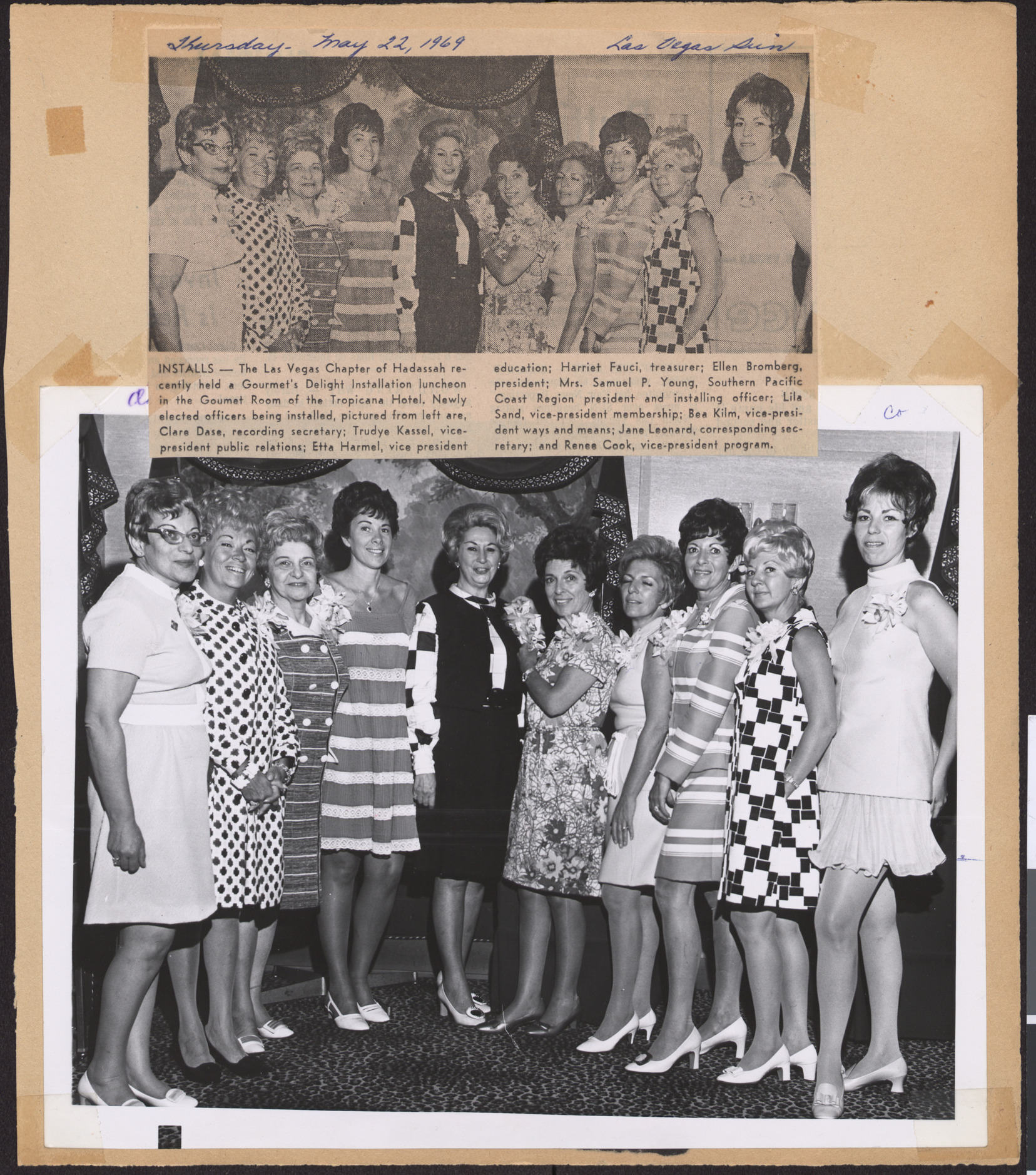 Newspaper clipping, Installs, Las Vegas Sun, May 22, 1969, and photograph of group of women from Las Vegas Chapter of Hadassah