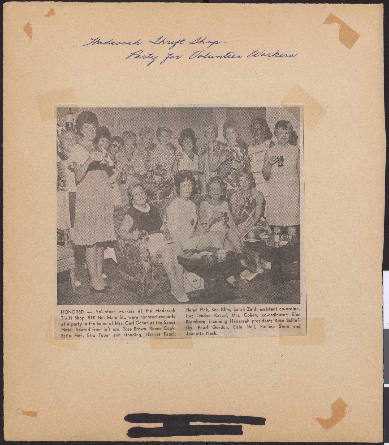 Newspaper clipping, Honored, Hadassah Thrift Shop Party, publication and date unknown