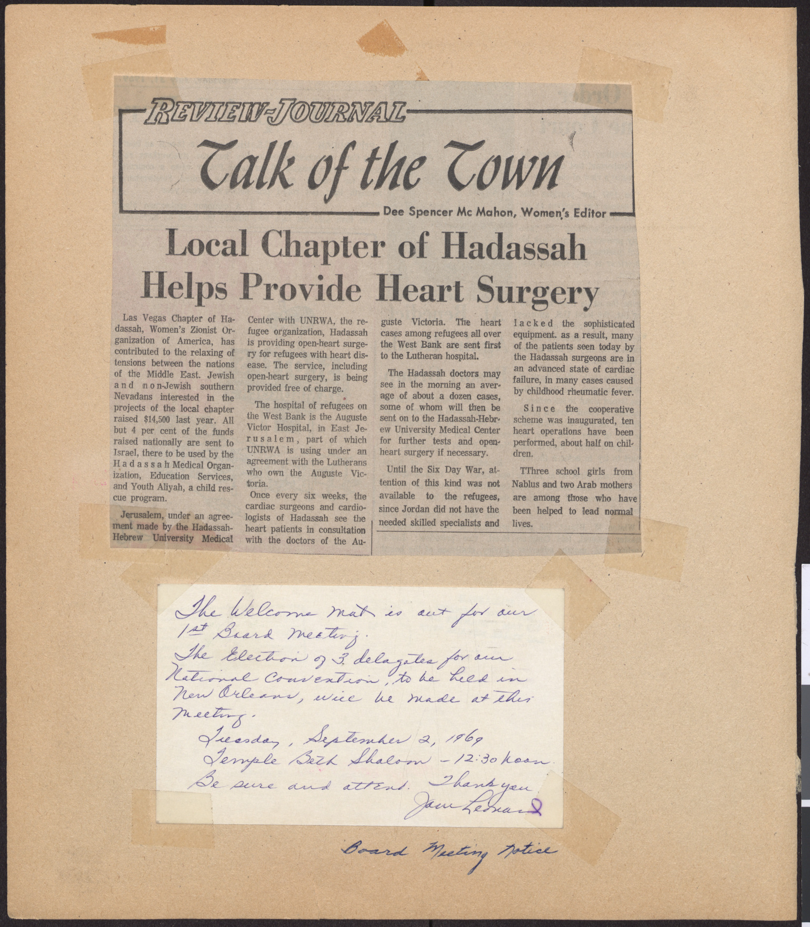 Newspaper clipping, Local Chapter of Hadassah Helps Provide Heart Surgery, Las Vegas Review-Journal, date unknown