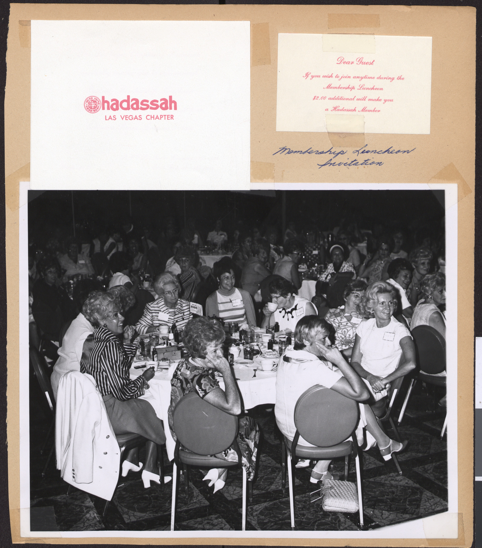 Invitation, guest card and photograph of Hadassah membership luncheon