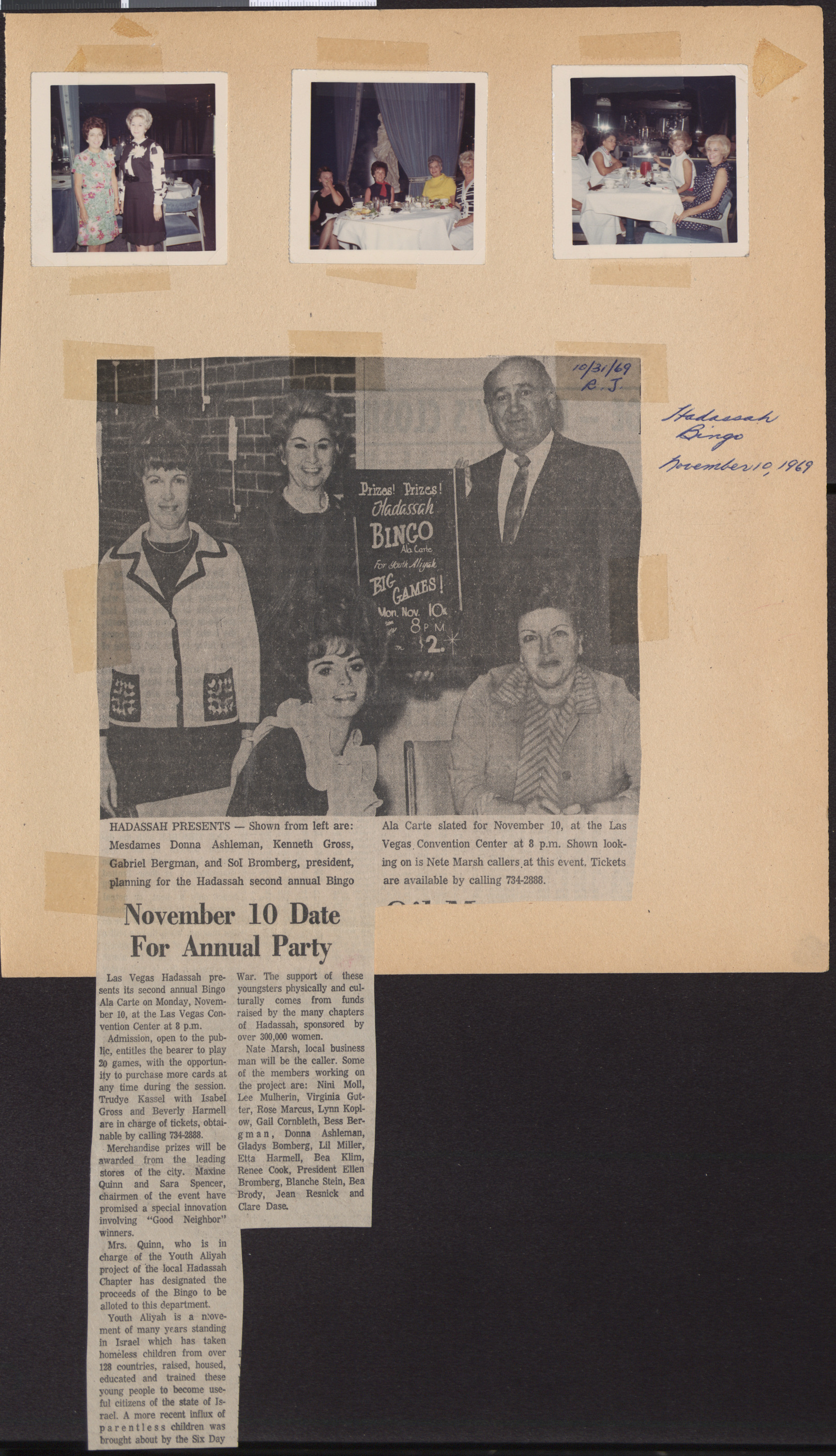 Photographs of Hadassah luncheon, and newspaper clipping, November 10 Date for Annual Party, October 31, 1969
