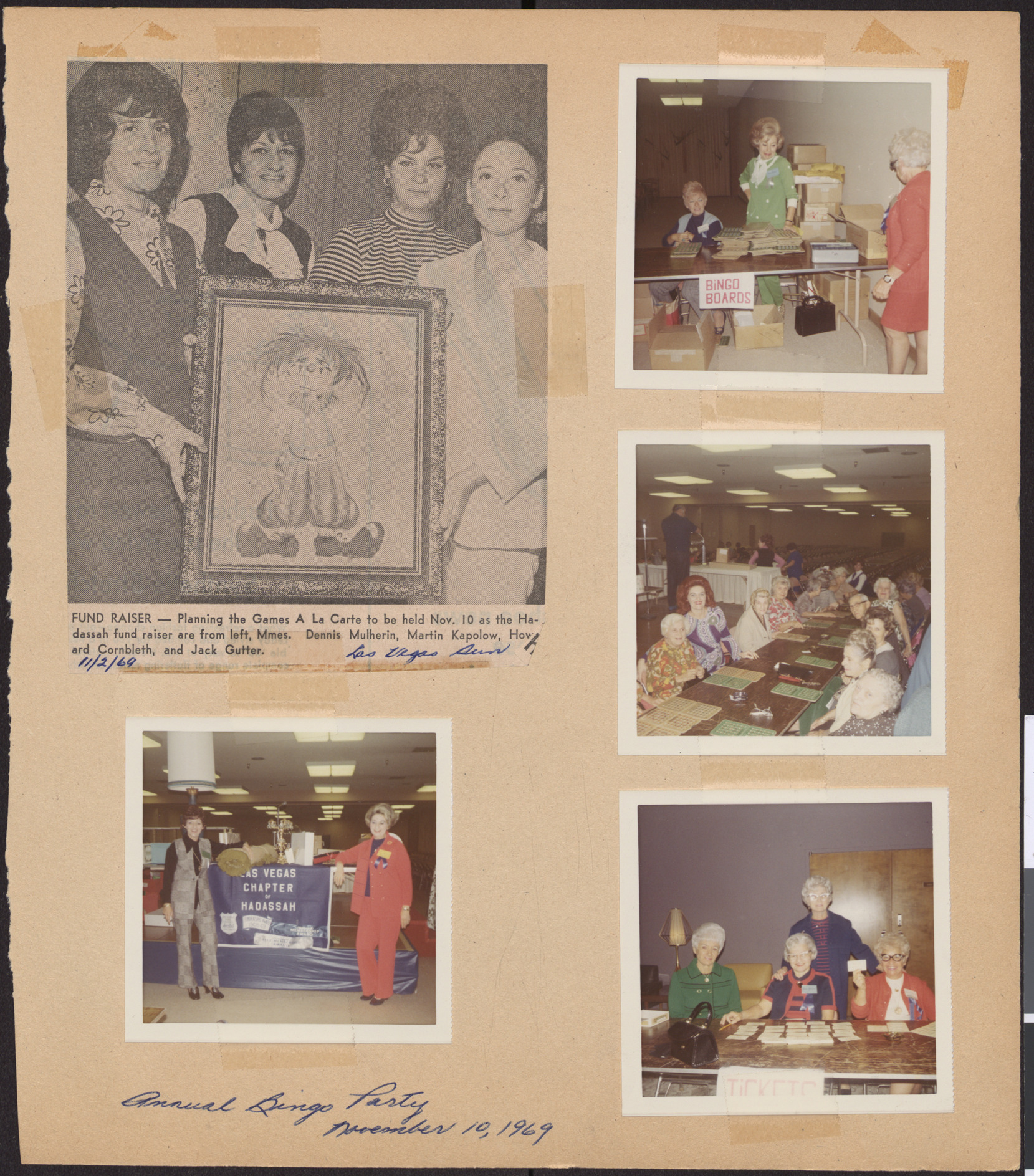 Newspaper clipping, Fund Raiser, Las Vegas Sun, November 2, 1969, and four photographs of fundraiser, November 10, 1969