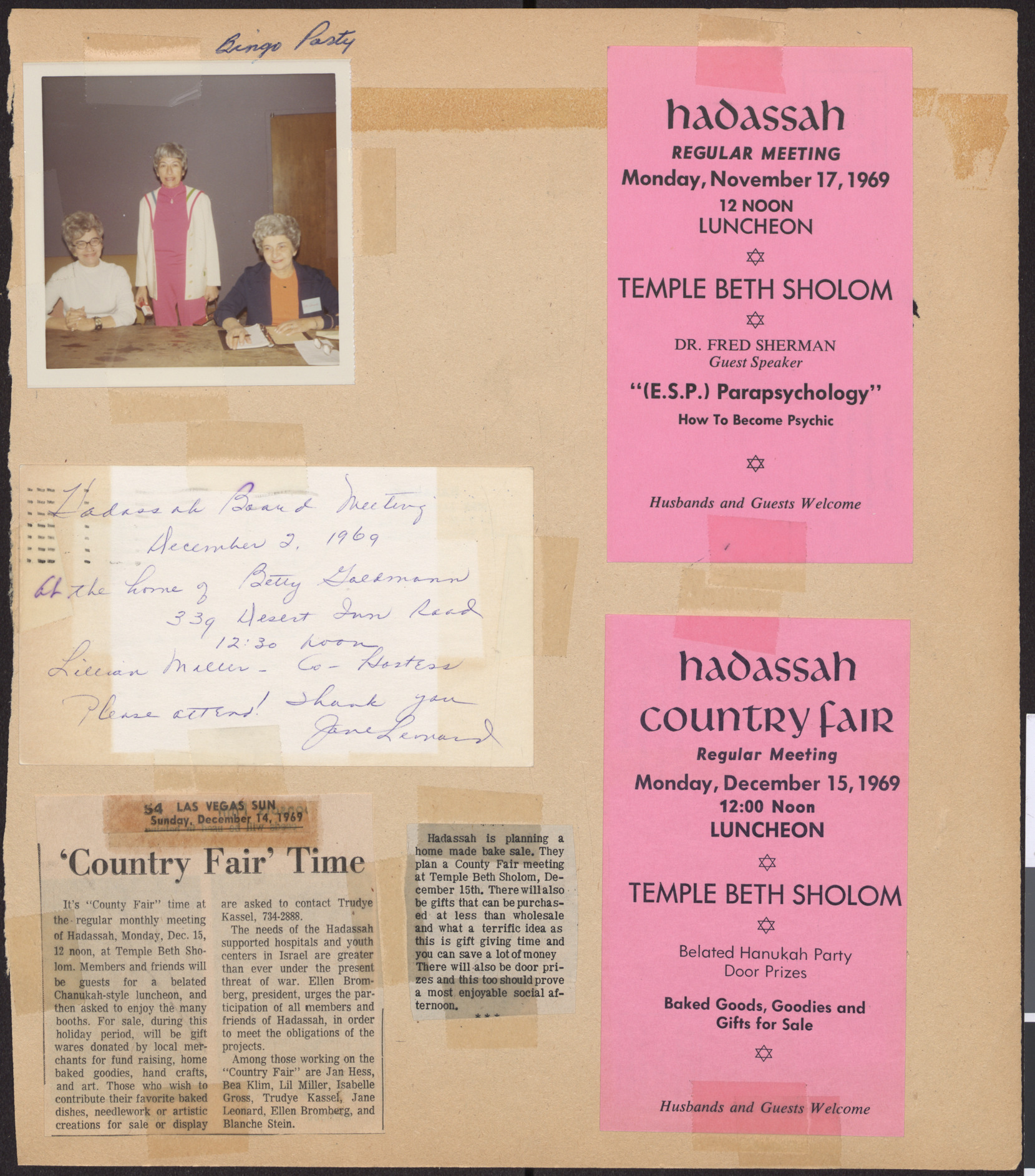 Photograph, newspaper clipping and meeting fliers for Hadassah, December 1969