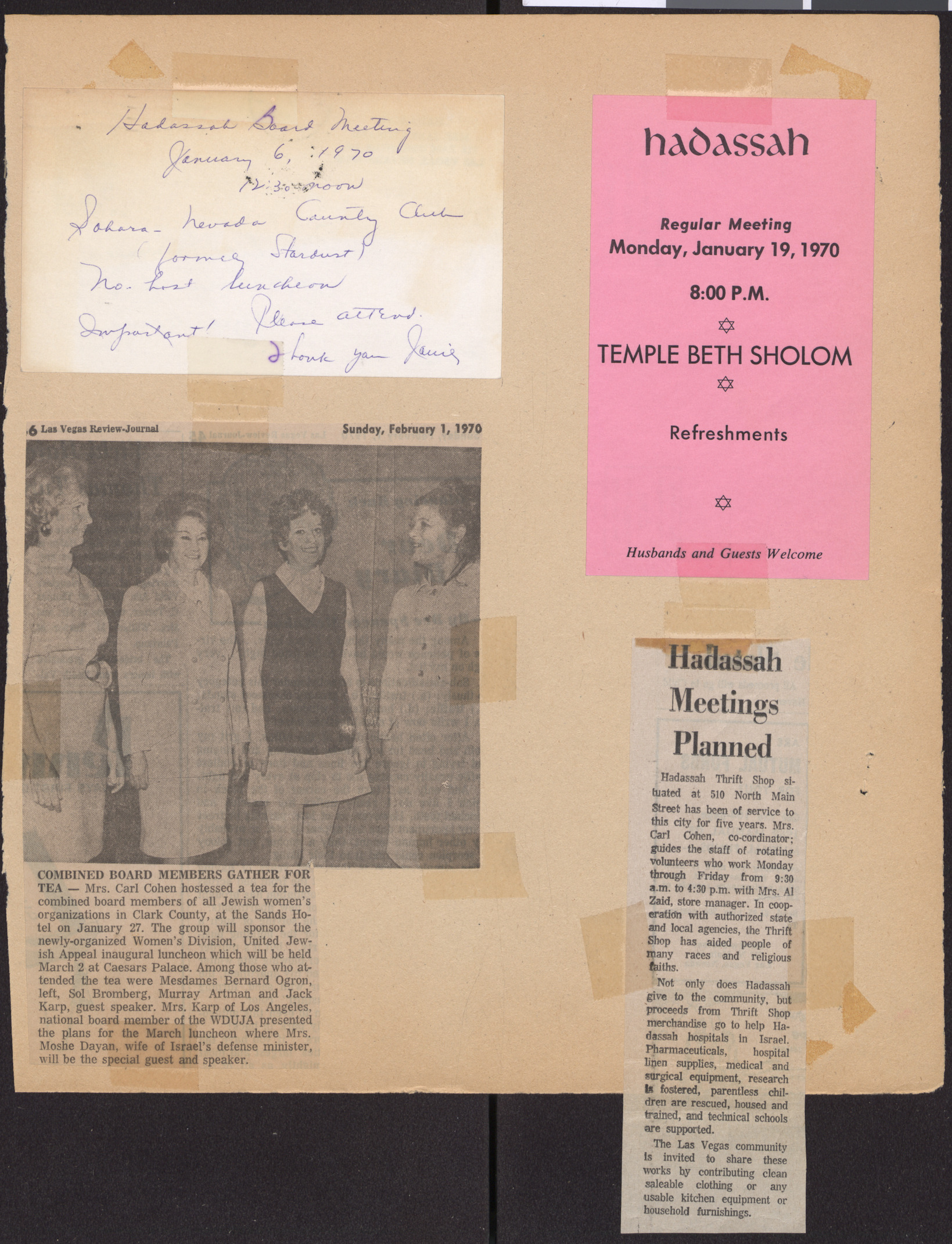 Invitation card, newsletter, flier and newspaper clipping for Hadassah events, January 1970