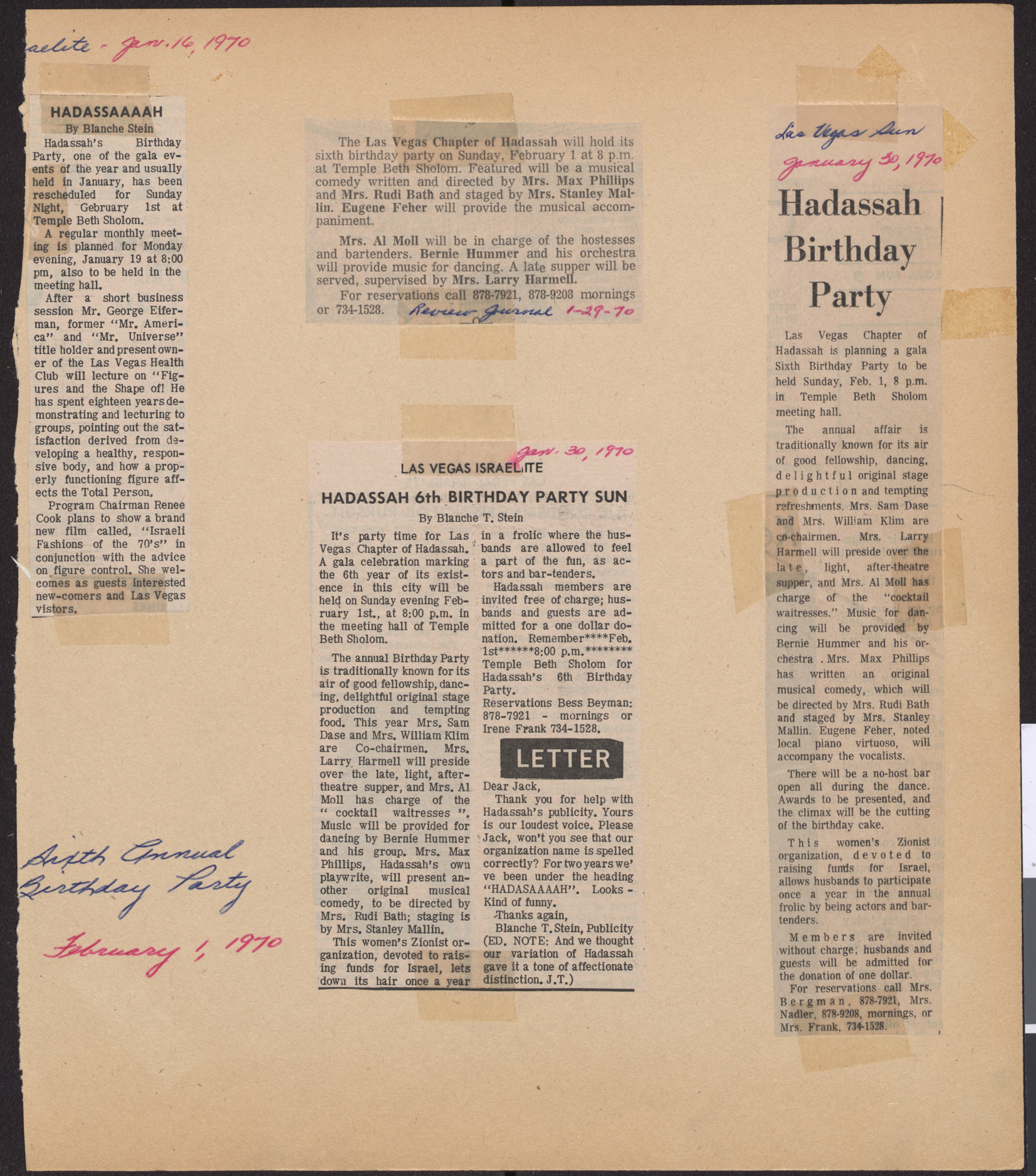 Newspaper clippings about Hadassah's annual birthday party, January 1970