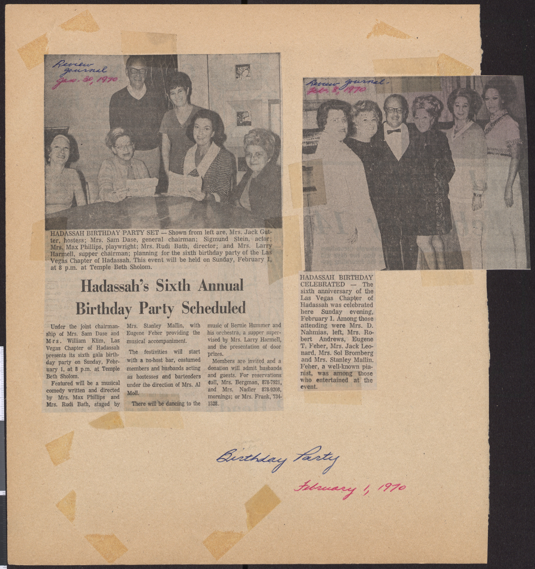 Newspaper clippings about Hadassah's sixth annual birthday party, January 1970