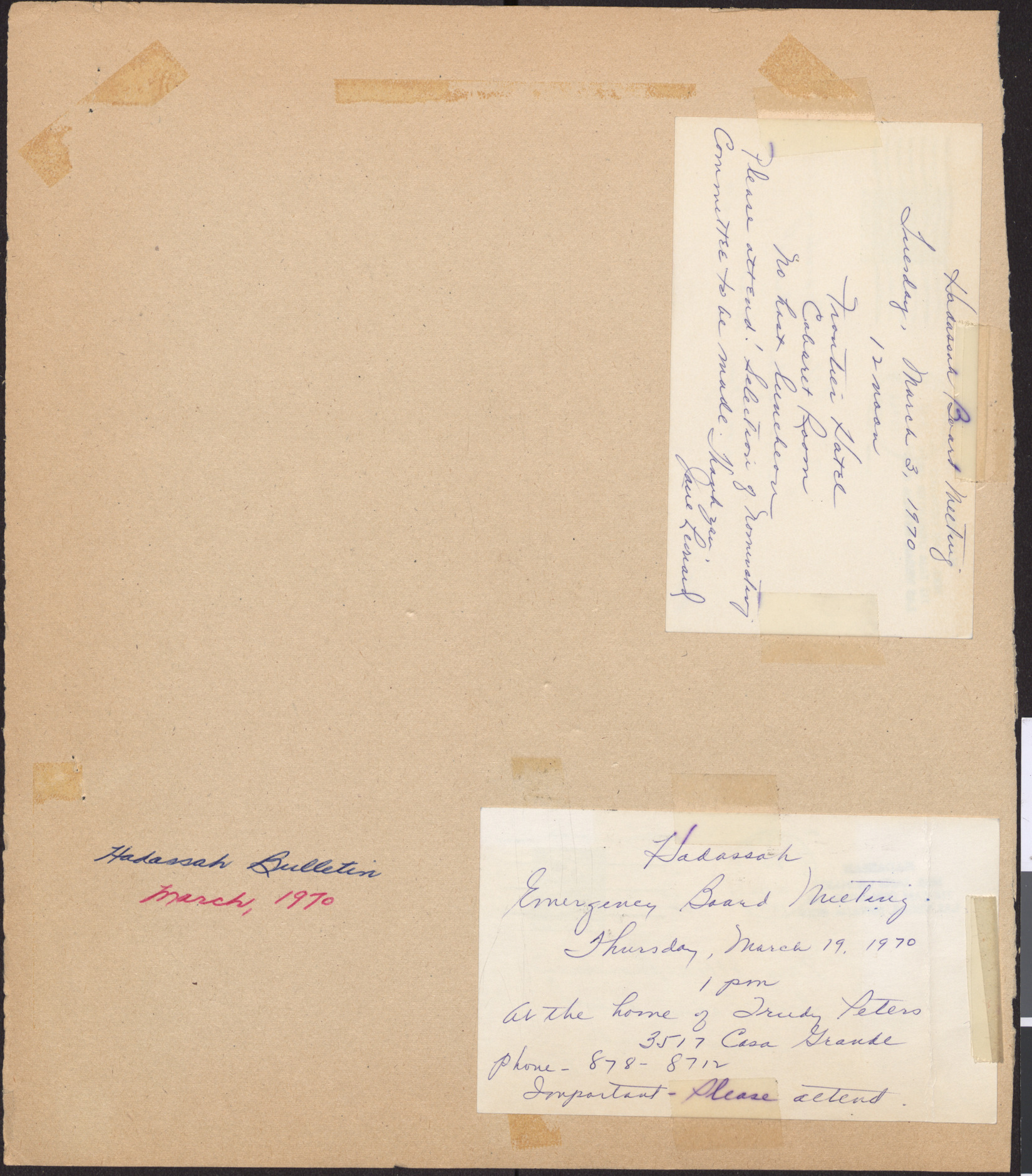 Invitation cards for Hadassah board meeting, March 3, 1970, and Hadassah emergency board meeting, March 19, 1970
