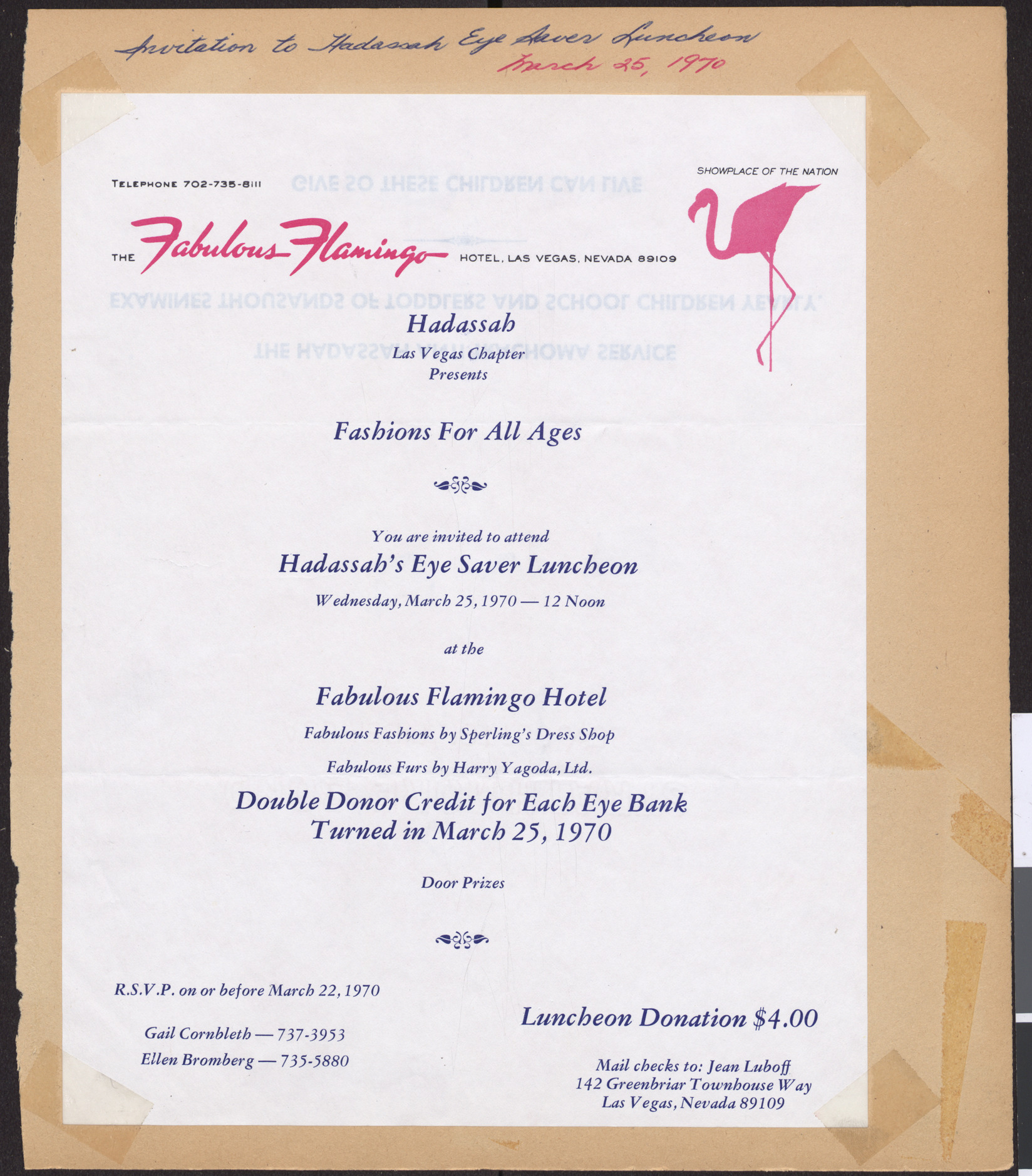 Invitation, Hadassah Eye Saver Luncheon at Flamingo Hotel, March 25, 1970