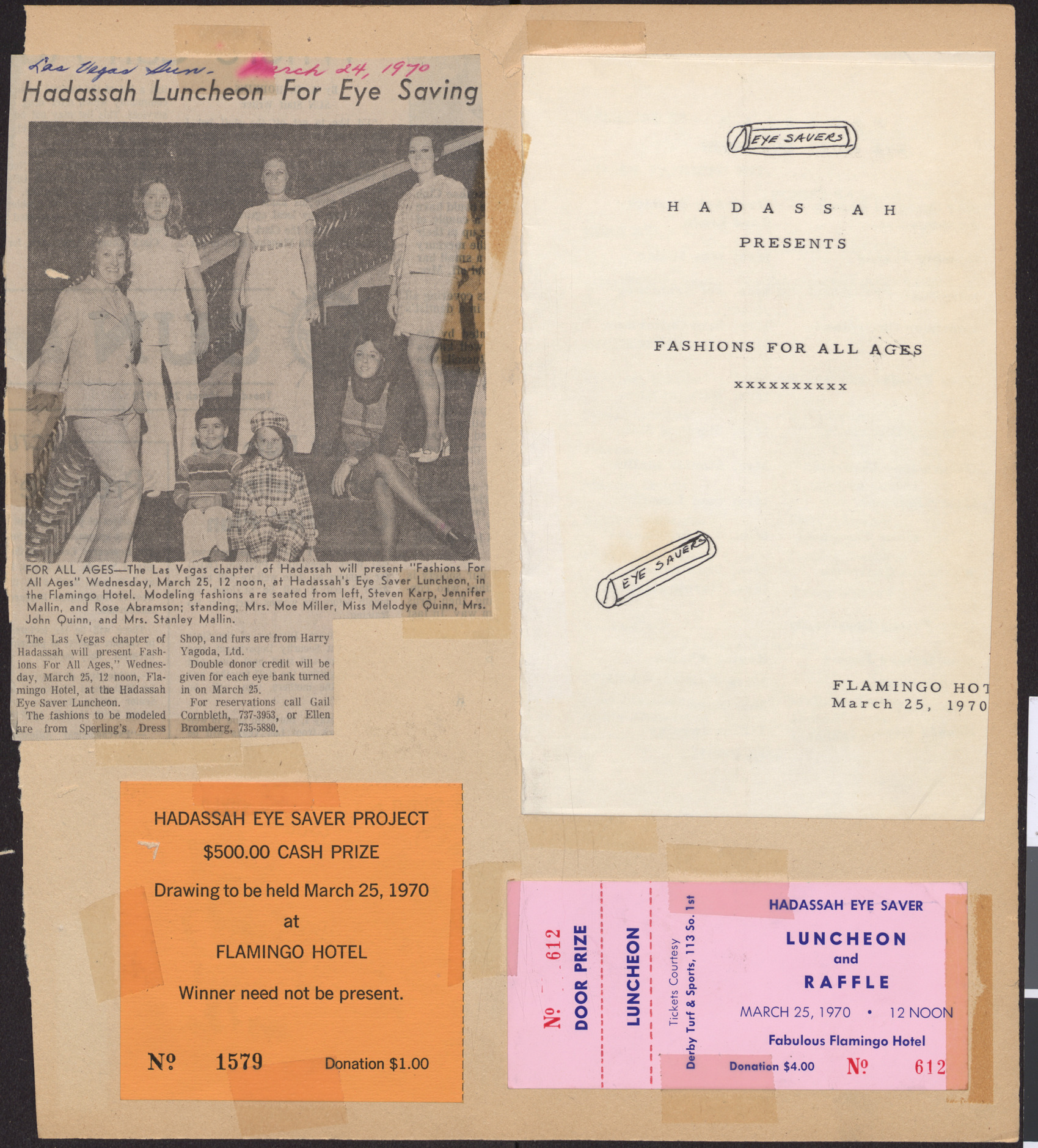 Newspaper clipping and ephemera about Hadassah Eye-Saver event, March 1970
