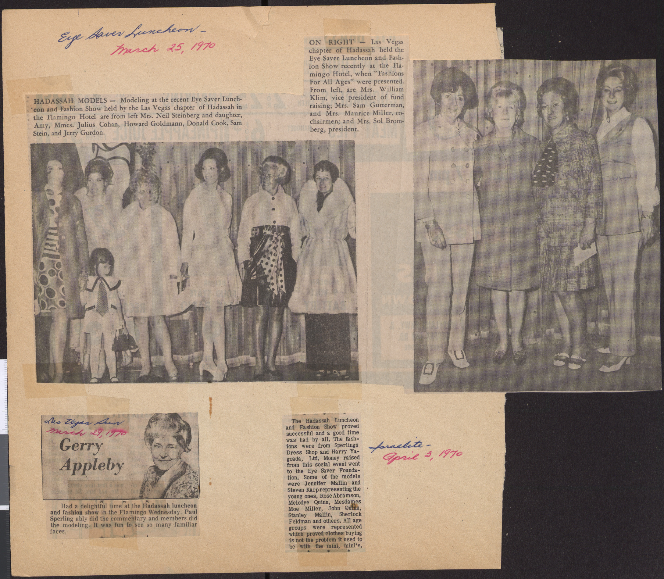 Newspaper clippings about Hadassah luncheon and fashion show, March 1970