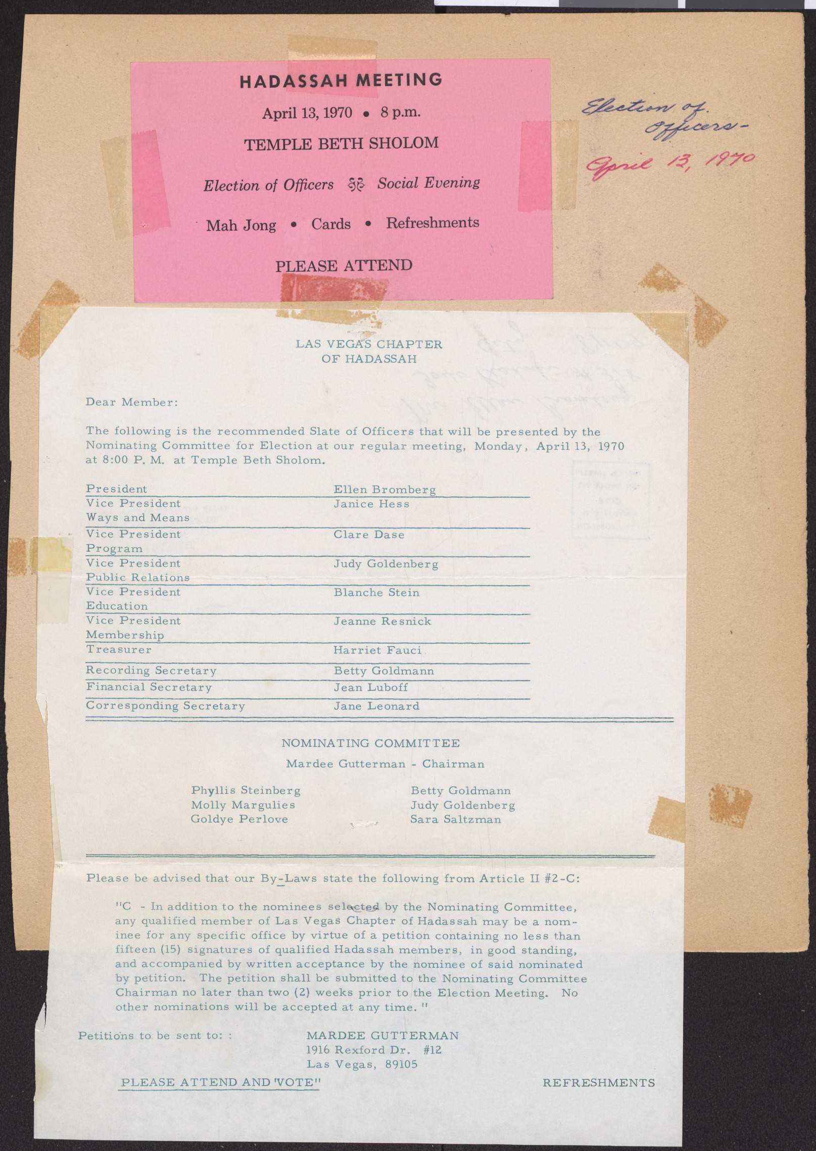 Hadassah meeting announcement and ballot, April 13, 1970