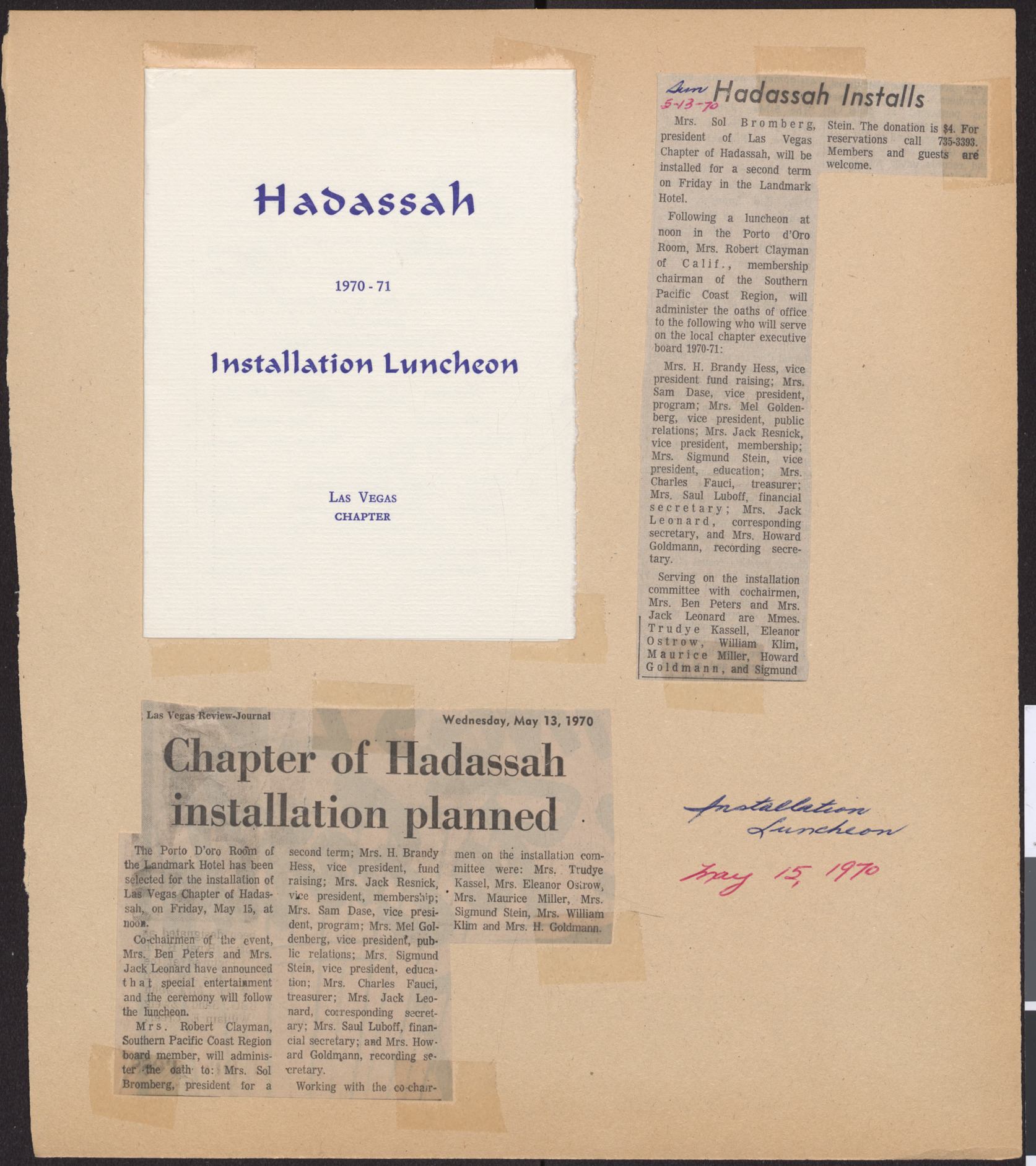 Program and newspaper clippings about Hadassah board member installation luncheon, 1970