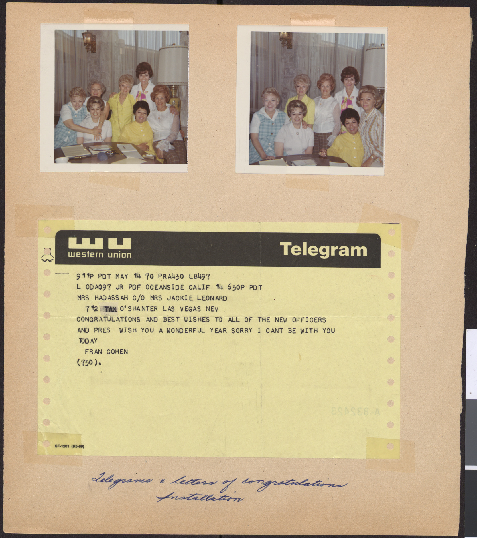 Photographs of Hadassah luncheon, May 1970, and telegram from Fran Cohen (Oceanside, Calif.) to Jackie Leonard (Las Vegas, Nev.), May 14, 1970