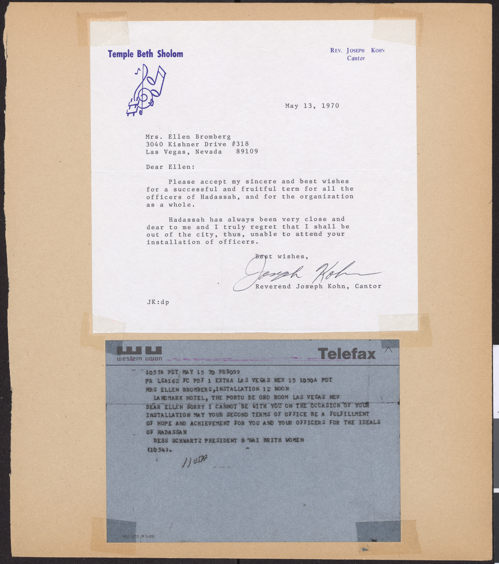 Letter from Reverend Joseph Kohn (Las Vegas, Nev.) to Ellen Bromberg (Las Vegas, Nev.), May 13, 1970, and telegram from Bess Schwartz (Las Vegas, Nev.) to Ellen Bromberg (Las Vegas, Nev.), May 15, 1970
