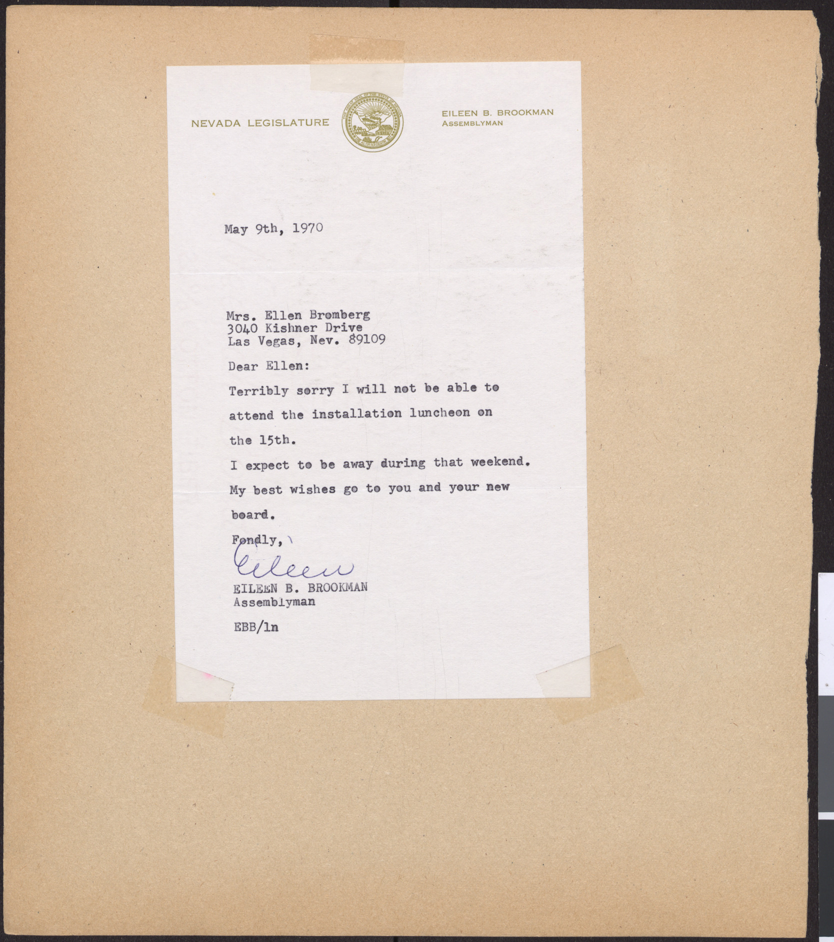 Letter from Eileen Brookman (Carson City, Nev.) to Ellen Bromberg (Las Vegas, Nev.), May 9, 1970