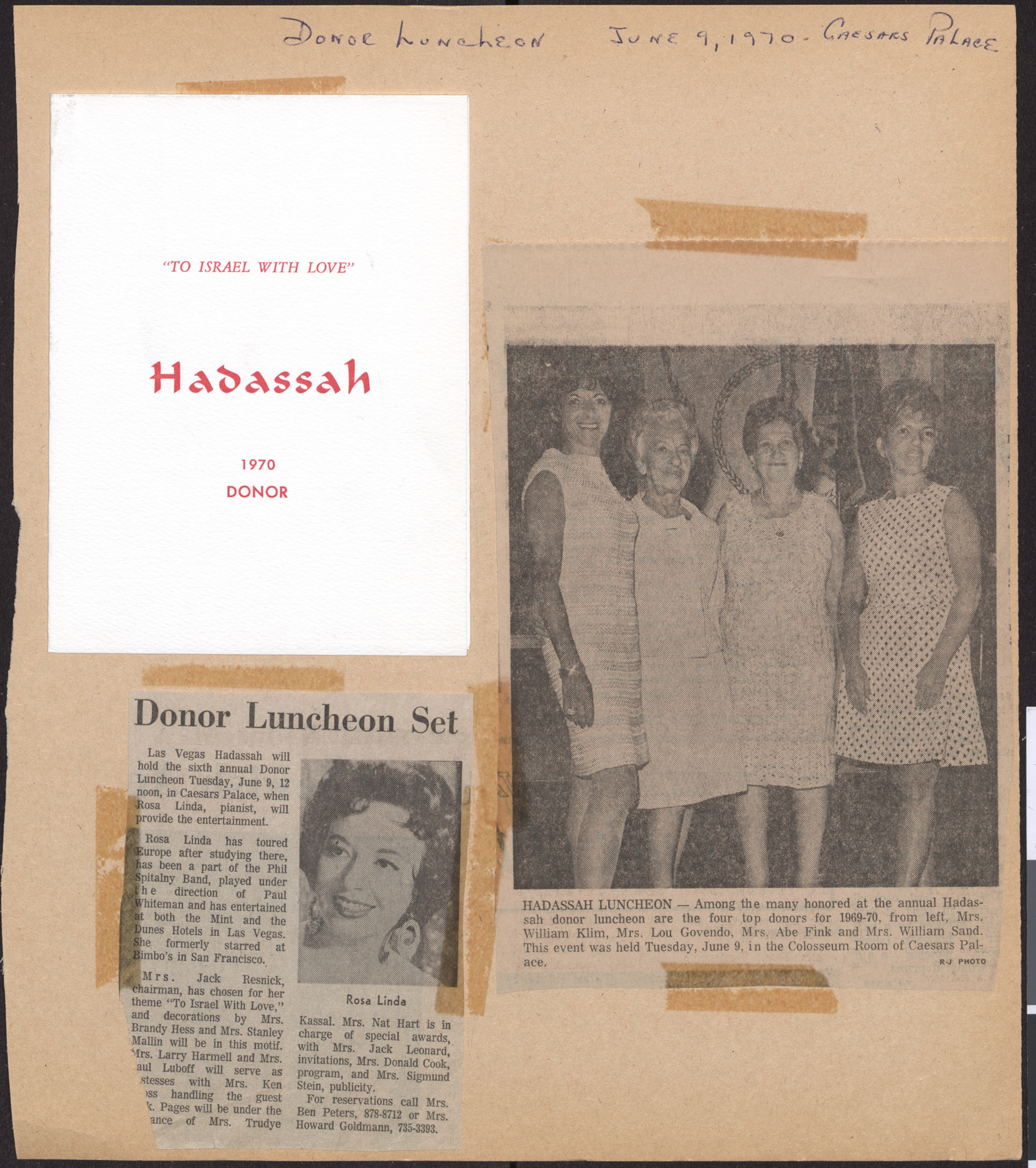 Newspaper clippings and program for Hadassah donor luncheon, June 9, 1970