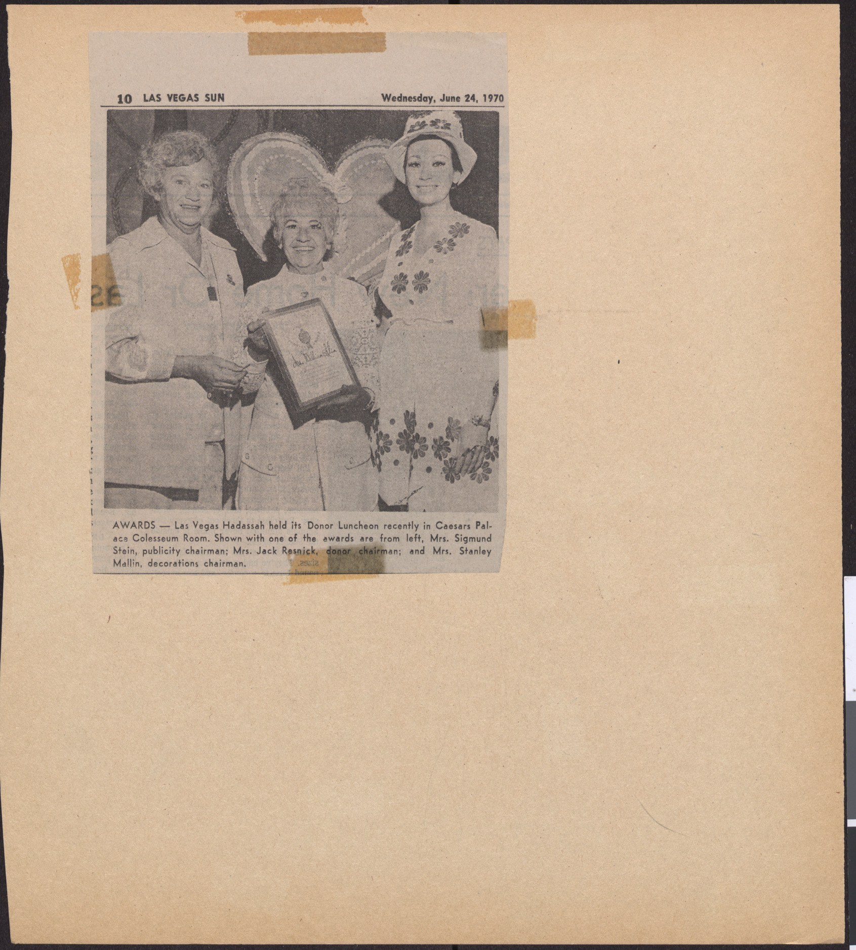 Newspaper clipping, Awards, Las Vegas Sun, June 24, 1970