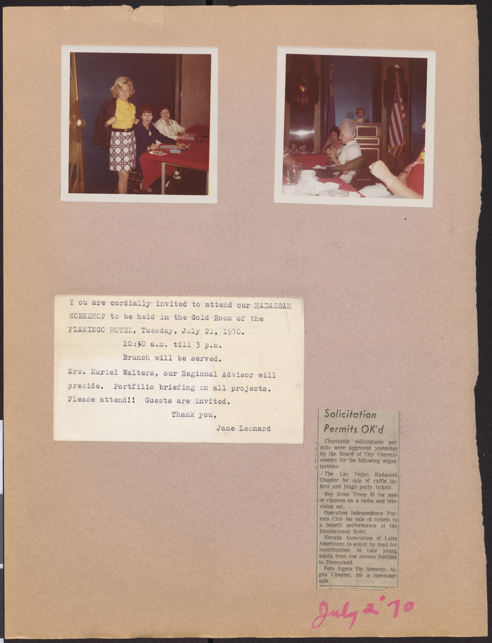 Photographs of Hadassah members, invitation to Hadassah workshop, and newspaper clipping, July 1970