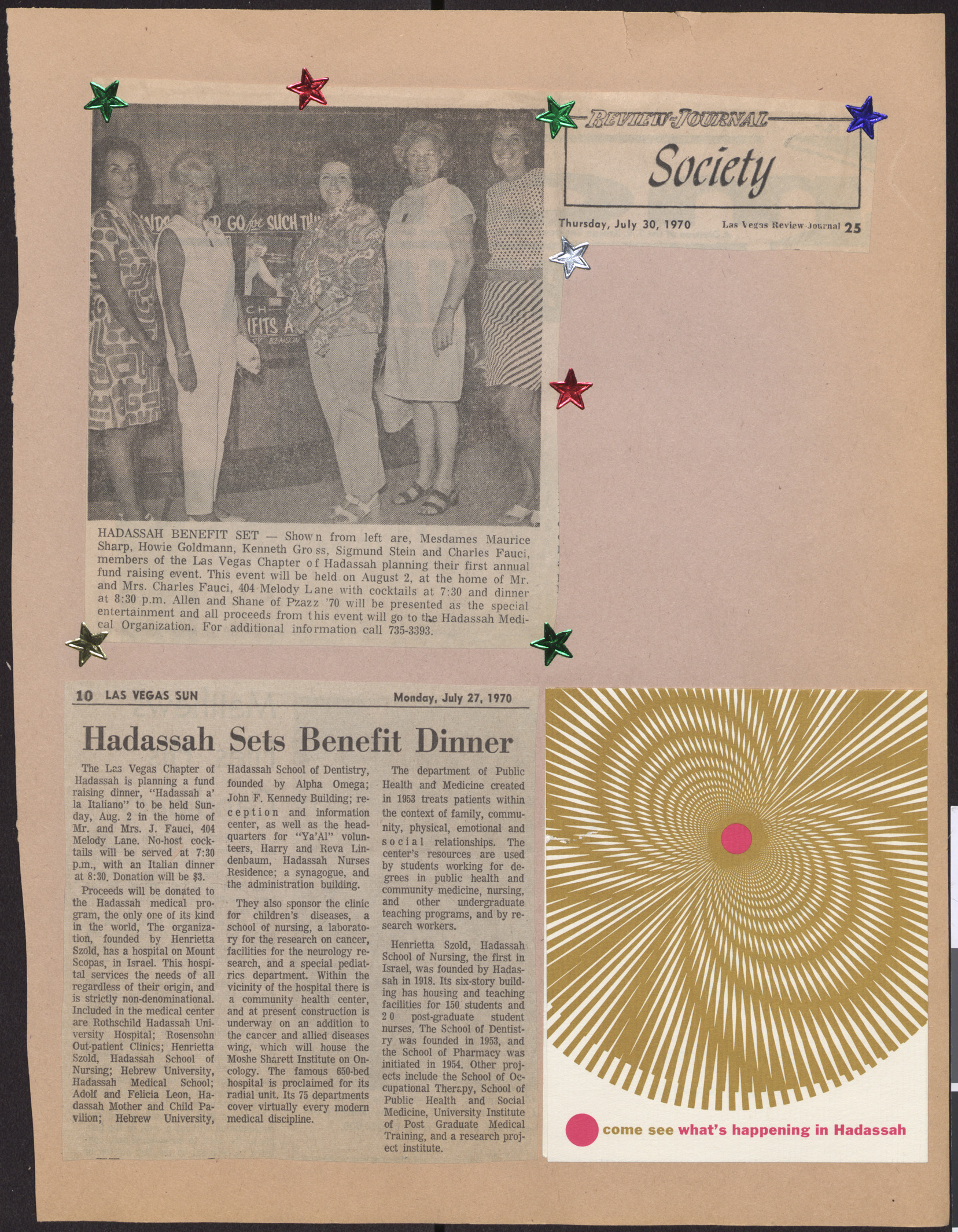 Newspaper clippings about Hadassah benefit event and invitation, July 1970