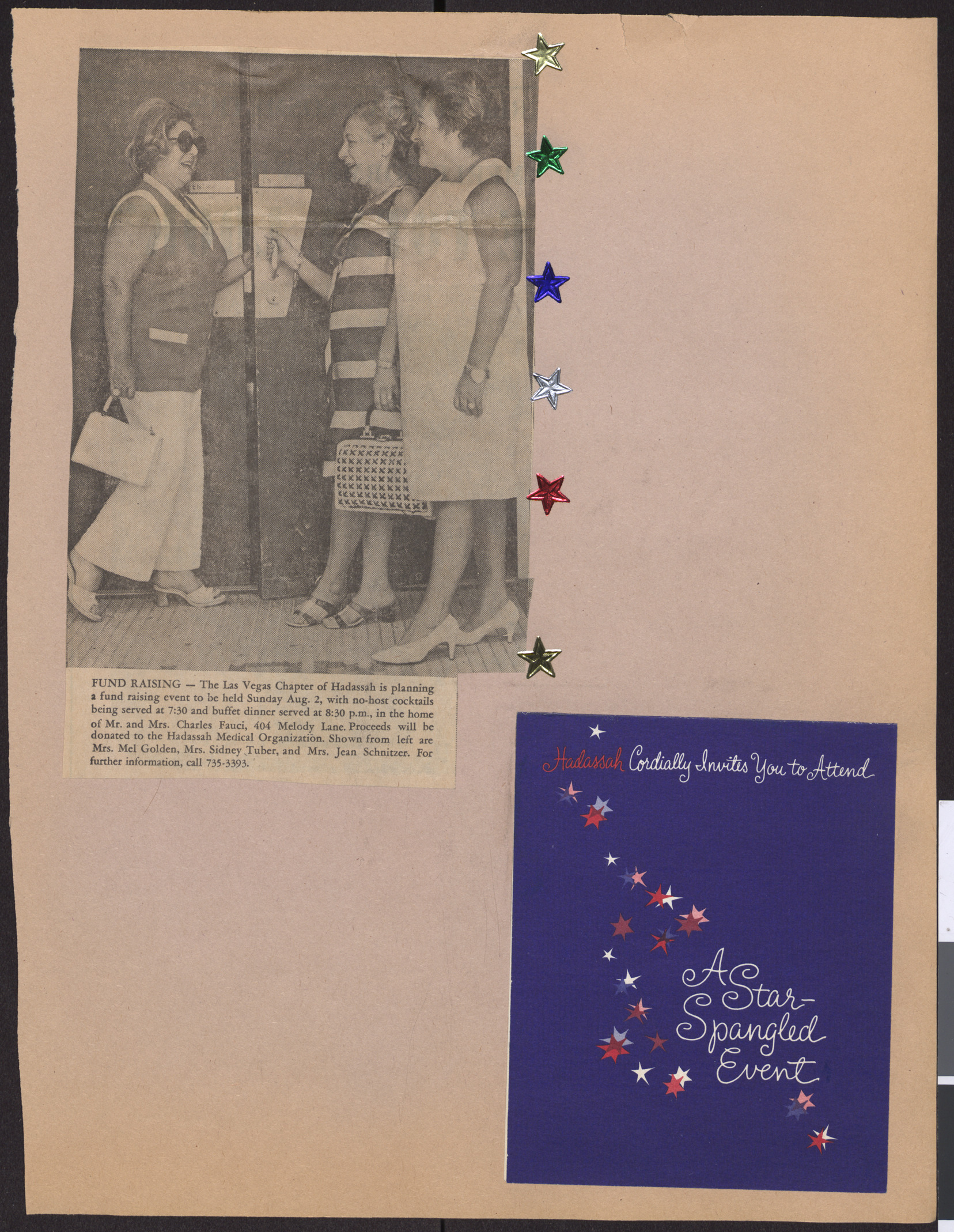 Newspaper clipping, Fund Raising, publication and date unknown, and invitation card for Hadassah star-spangled event
