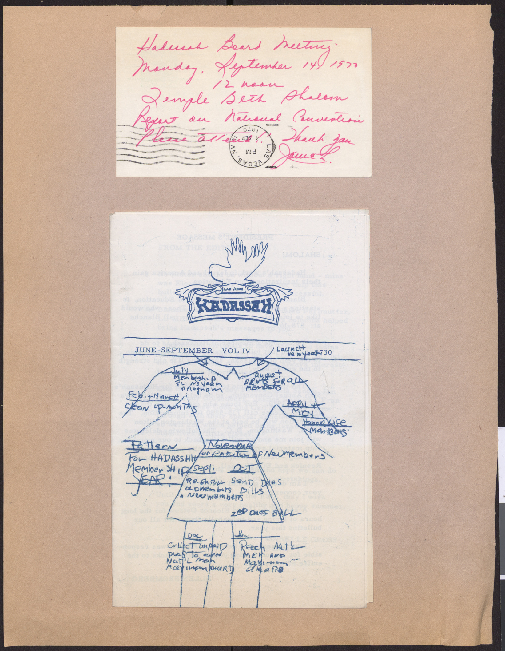 Invitation card to Hadassah board meeting, September 14, 1970, and Hadassah bulletin, June-September 1970