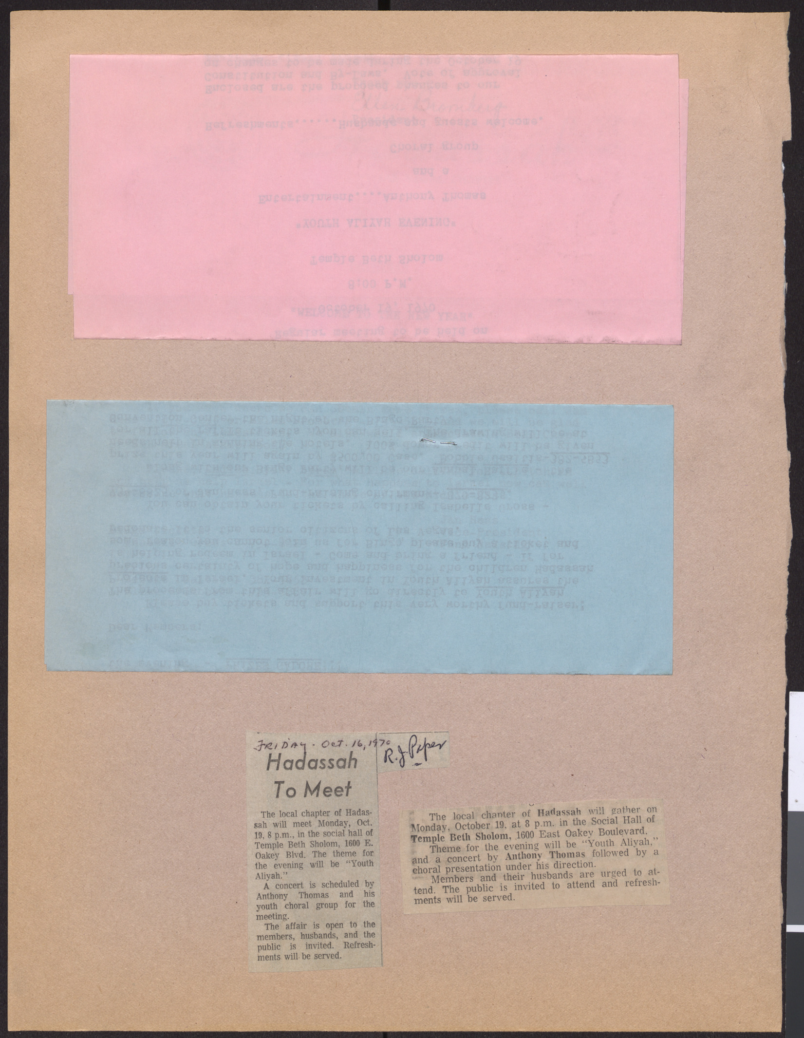 Newspaper clipping, Hadassah to meet, Las Vegas Review-Journal, October 16, 1970