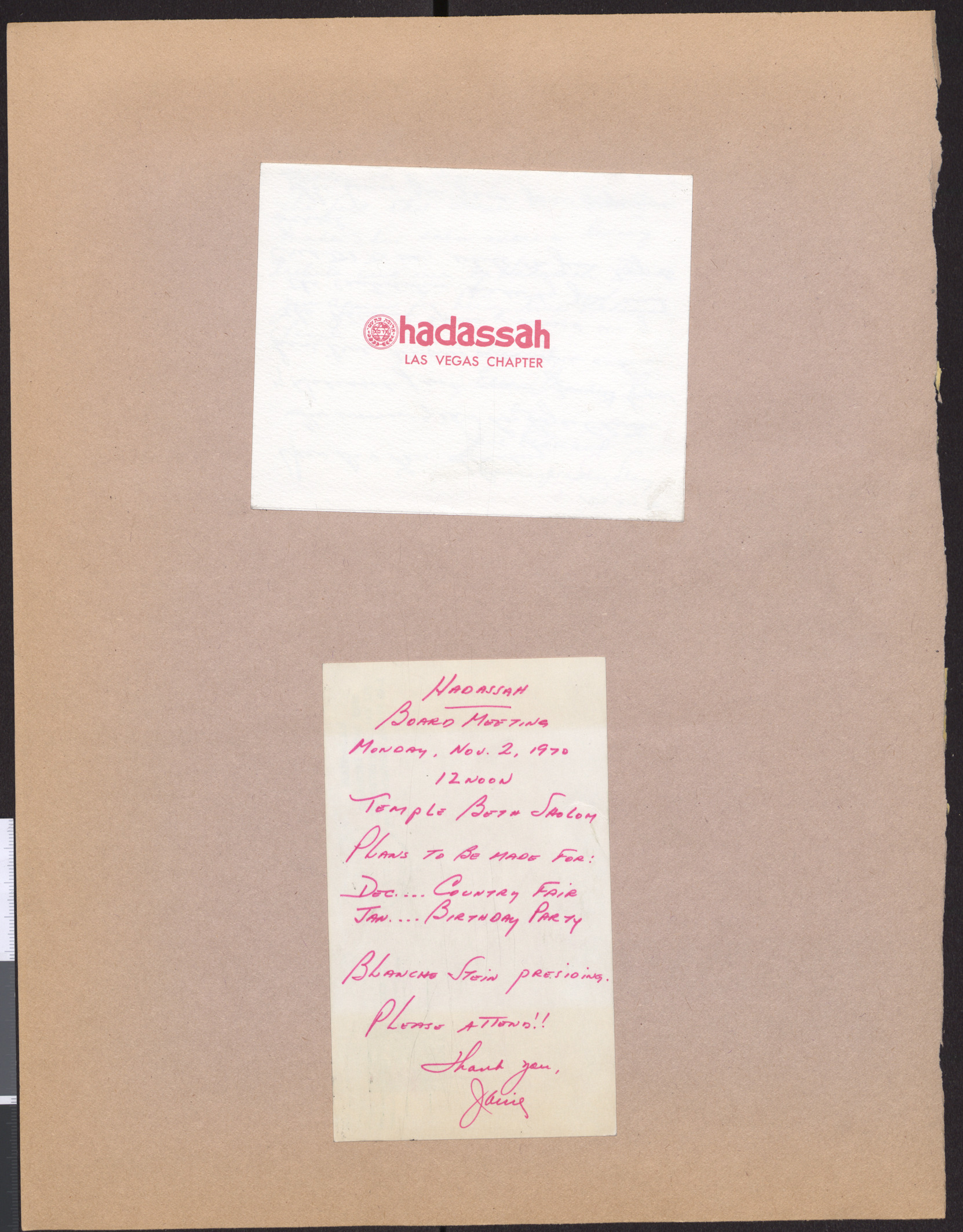 Notecard and invitation card from Hadassah Las Vegas Chapter, November 2, 1970