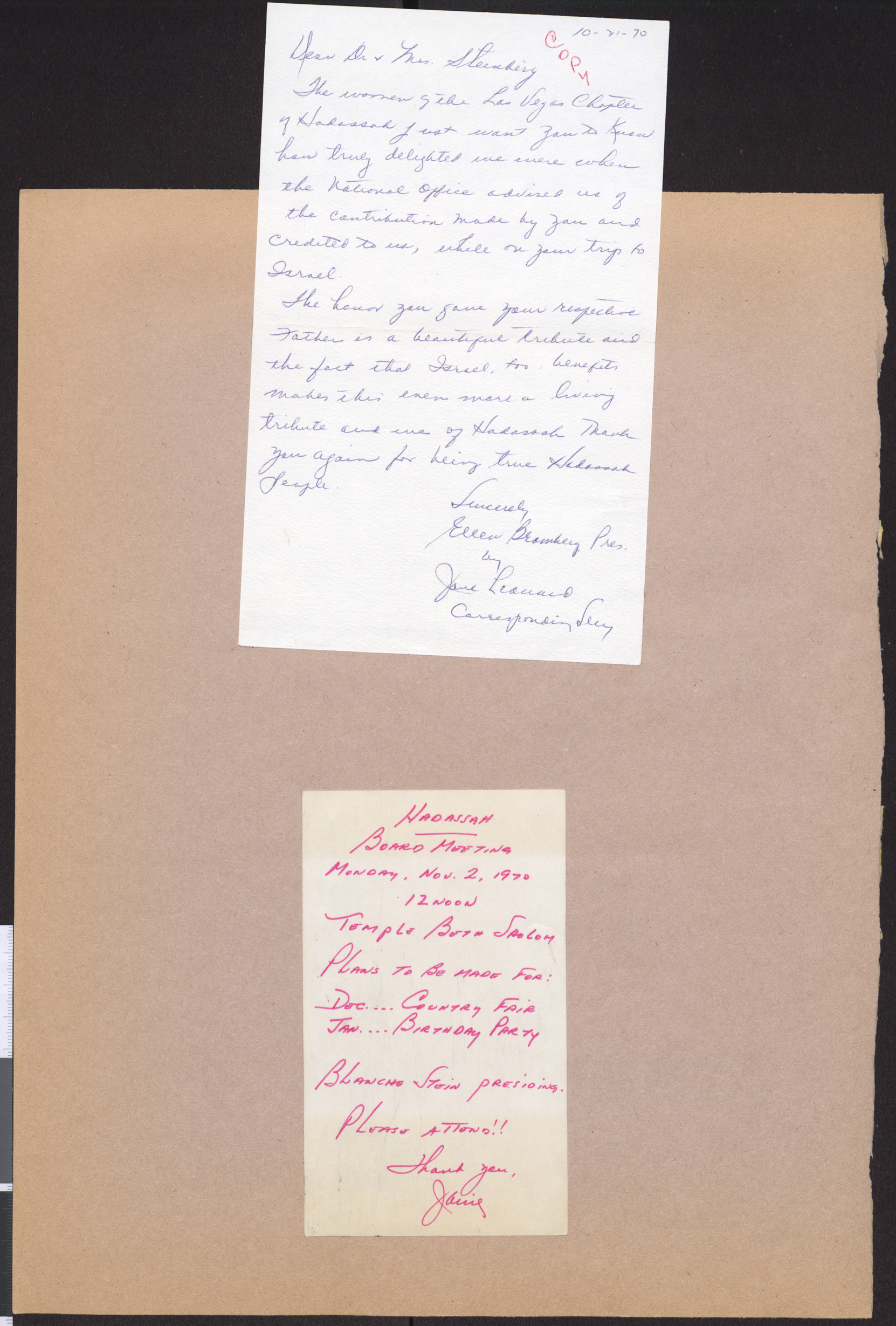 Notecard from Ellen Bromberg and Jane Leonard to Dr. & Mrs. Steinberg, October 21, 1970