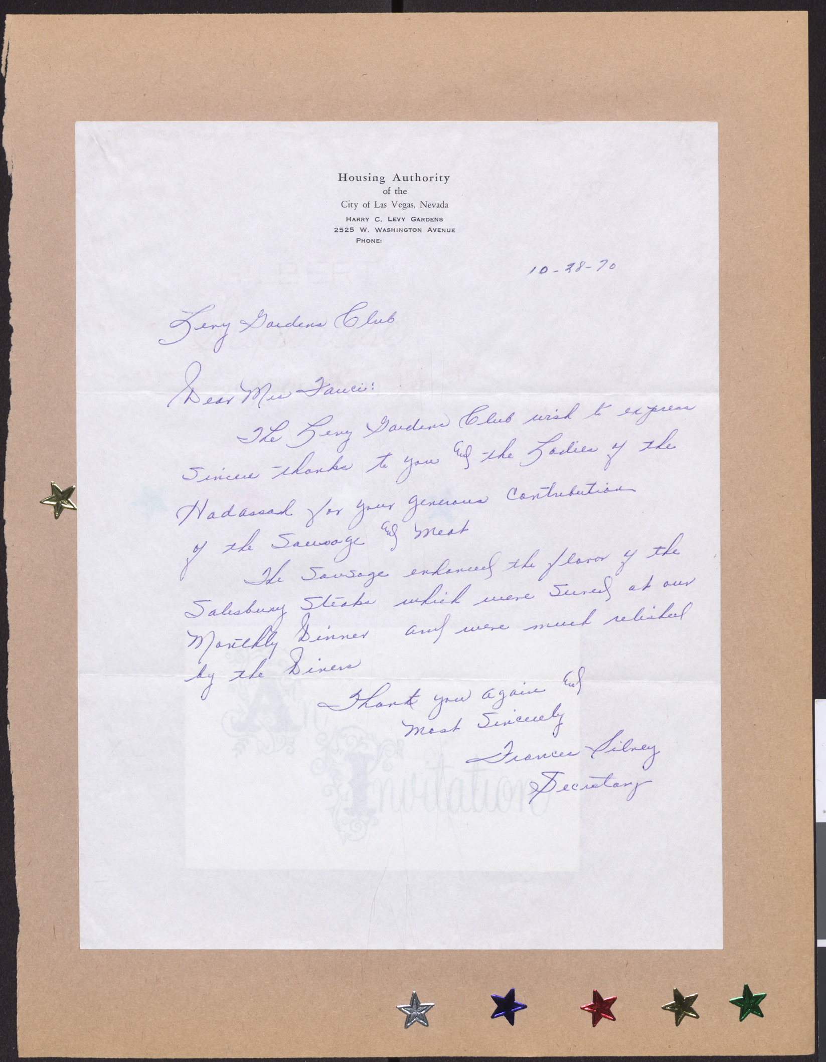 Letter from Frances Silney (Las Vegas, Nev.) to Mrs. Fauci (Las Vegas, Nev.), October 28, 1970
