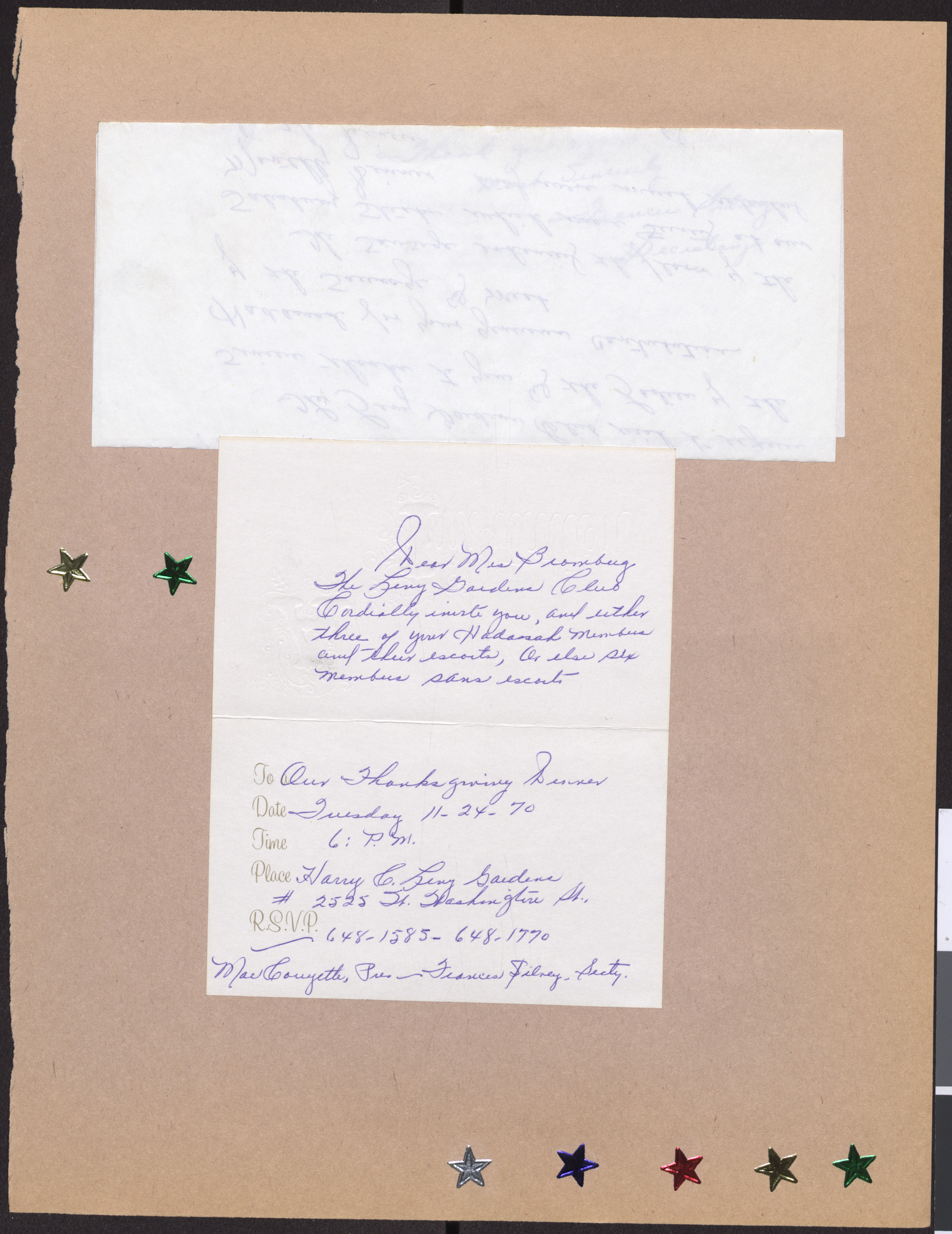 Invitation card from Mae Couyette and Frances Silney to Ellen Bromberg to Thanksgiving Dinner, November 24, 1970