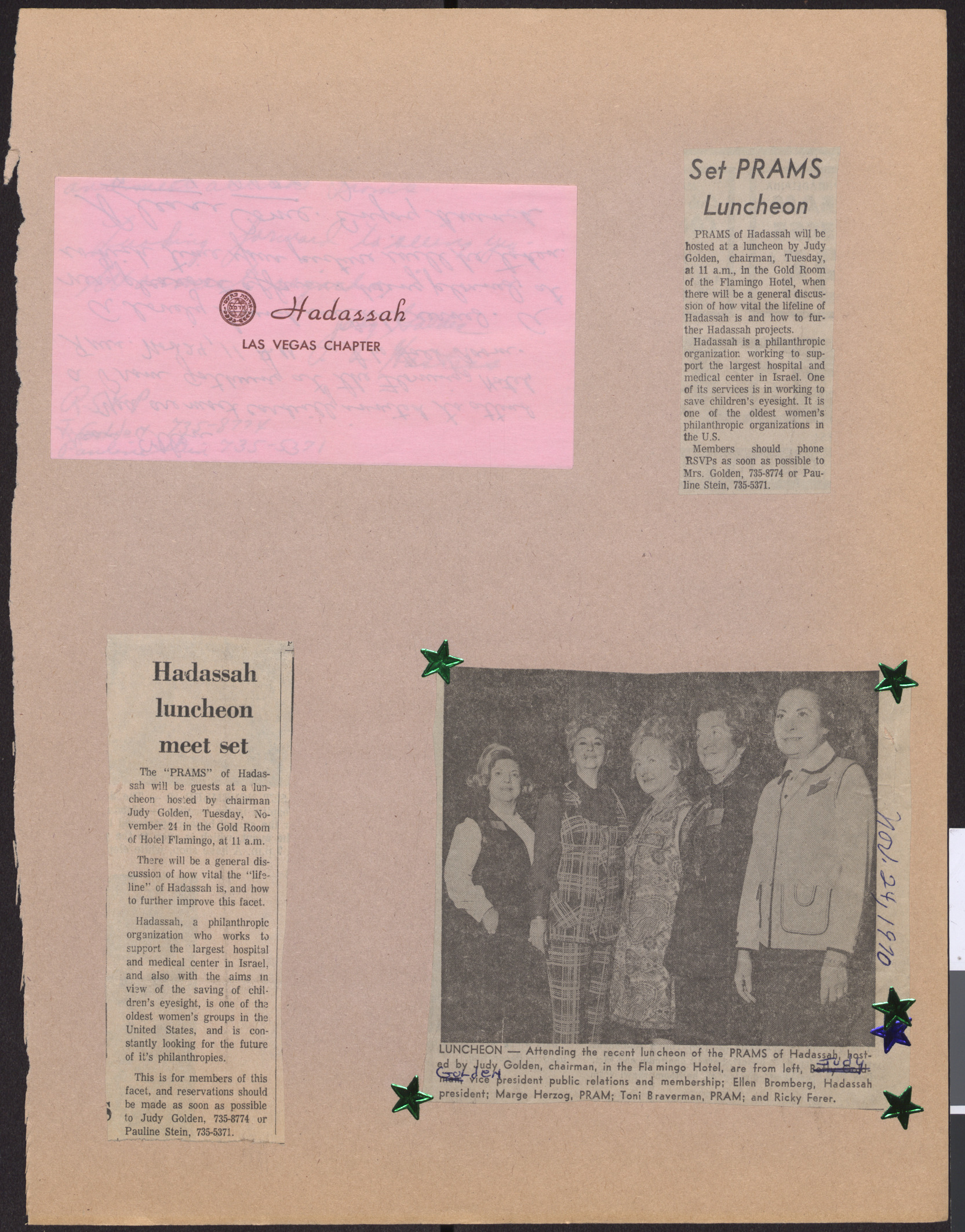 Hadassah notecard and newspaper clippings about Hadassah luncheon event, November 1970