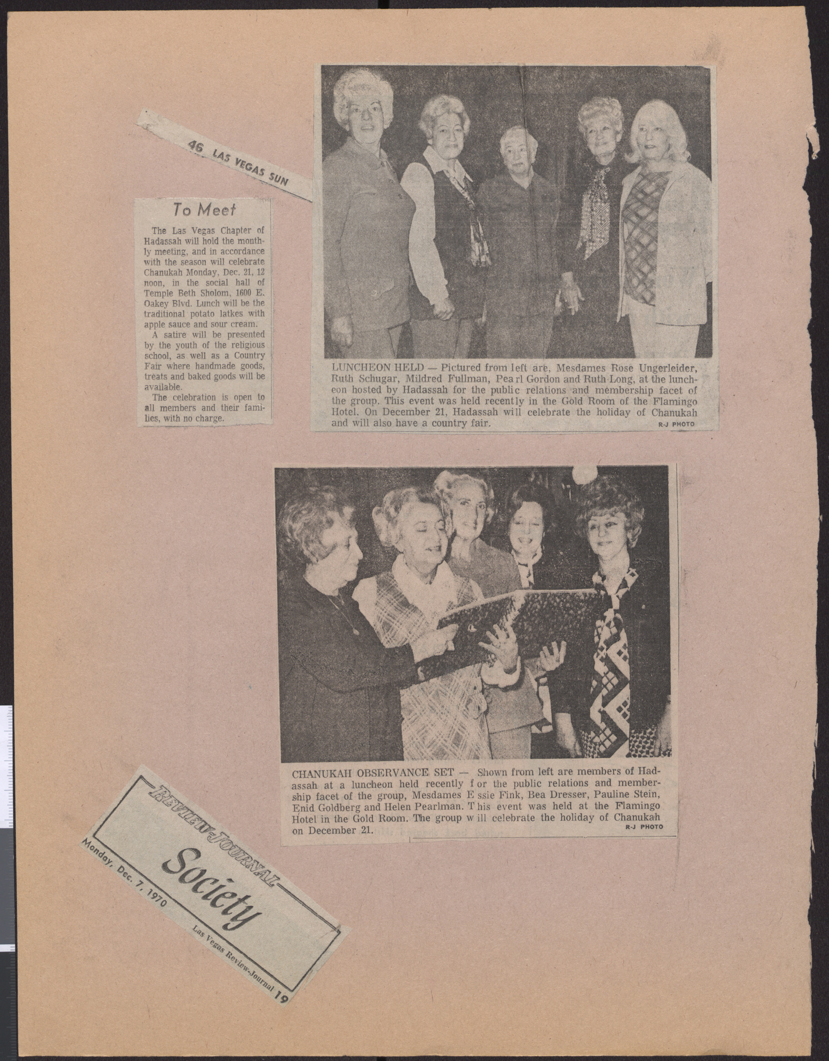 Newspaper clippings about Hadassah meetings and holiday events, December 1970