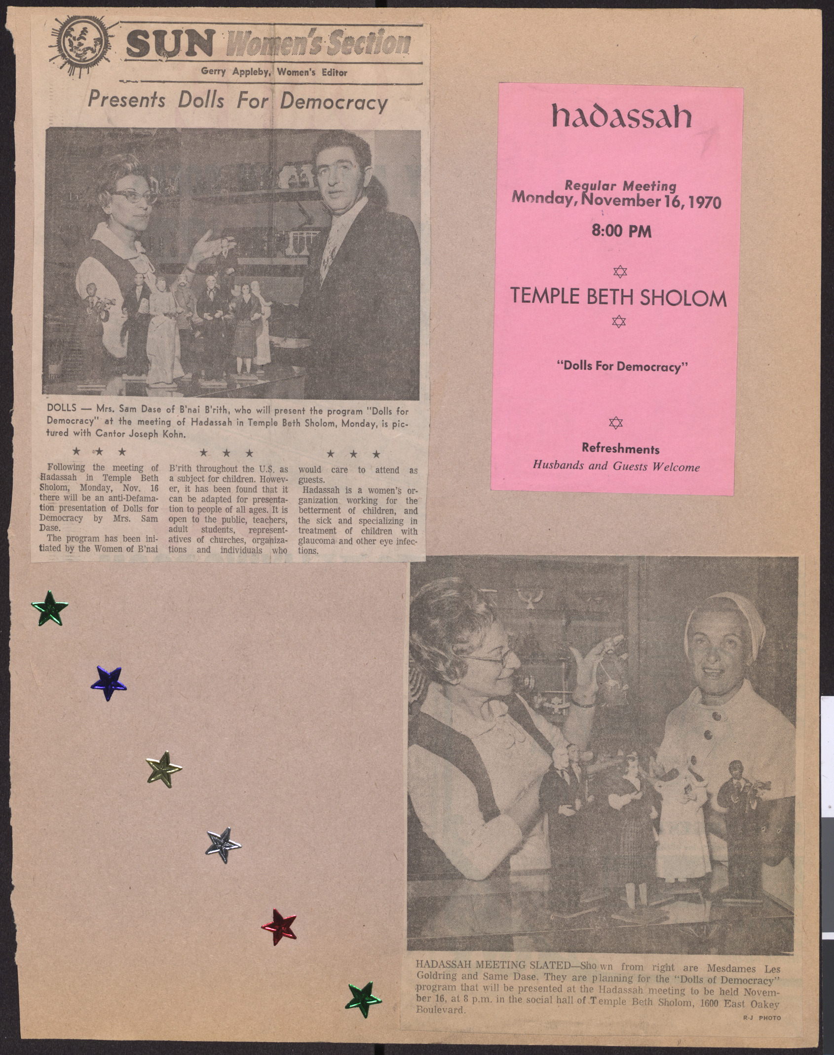 Newspaper clippings and meeting notice for Hadassah, November 1970