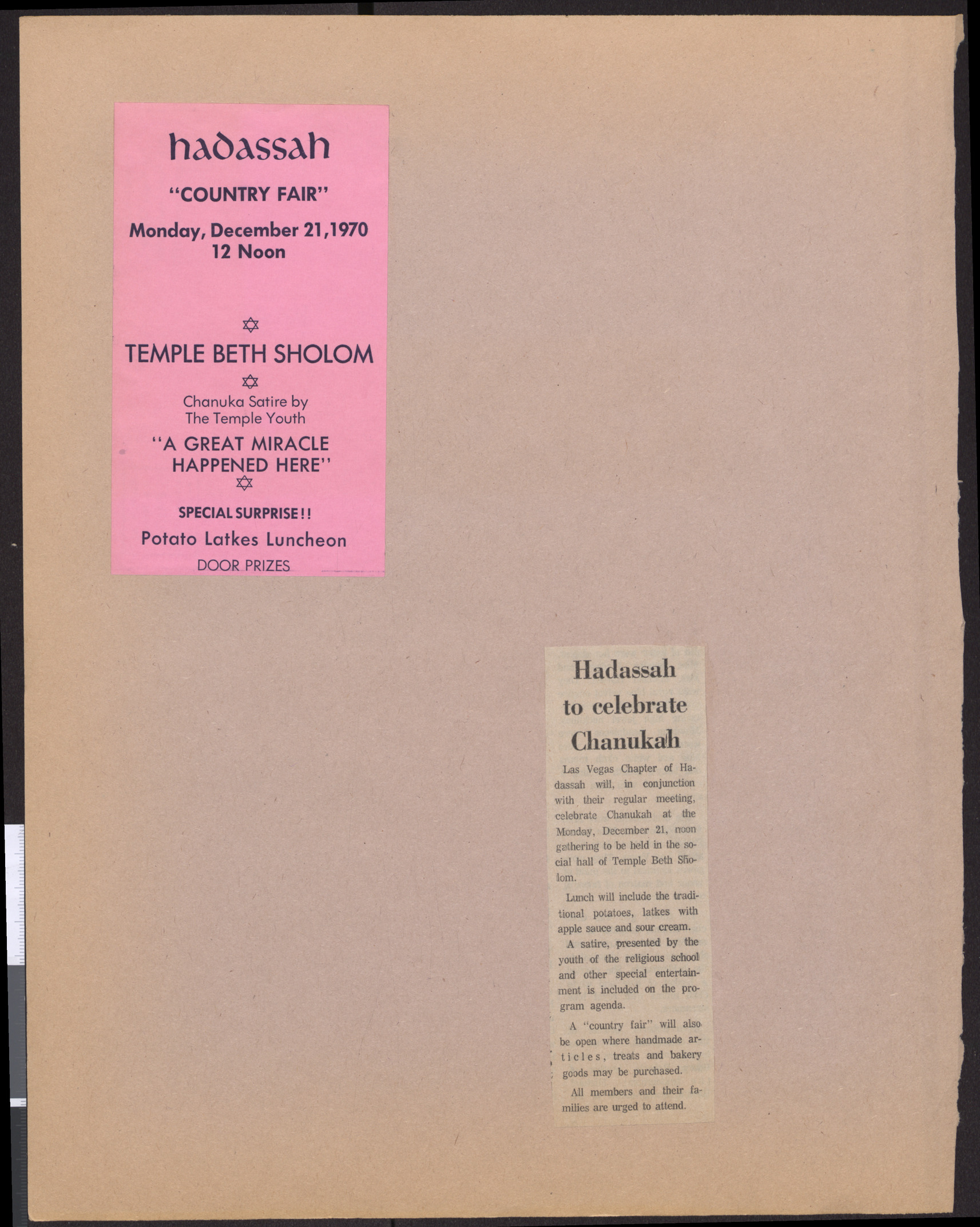 Hadassah event notice, Country Fair, December 21, 1970, and newspaper clipping about Hadassah Chanukah event