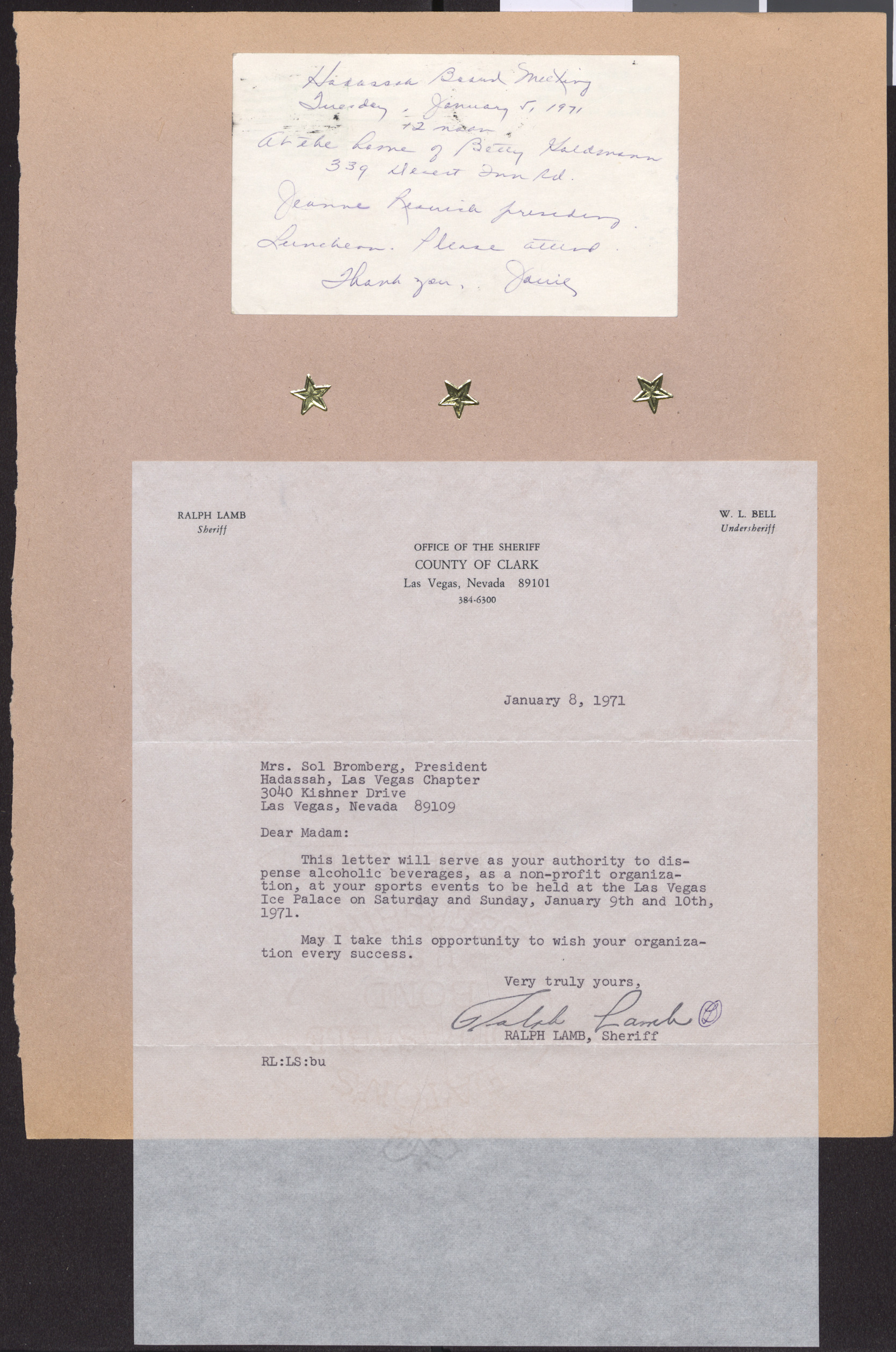 Letter from Ralph Lamb (Las Vegas, Nev.) to Mrs. Sol Bromberg (Las Vegas, Nev.), January 8, 1971