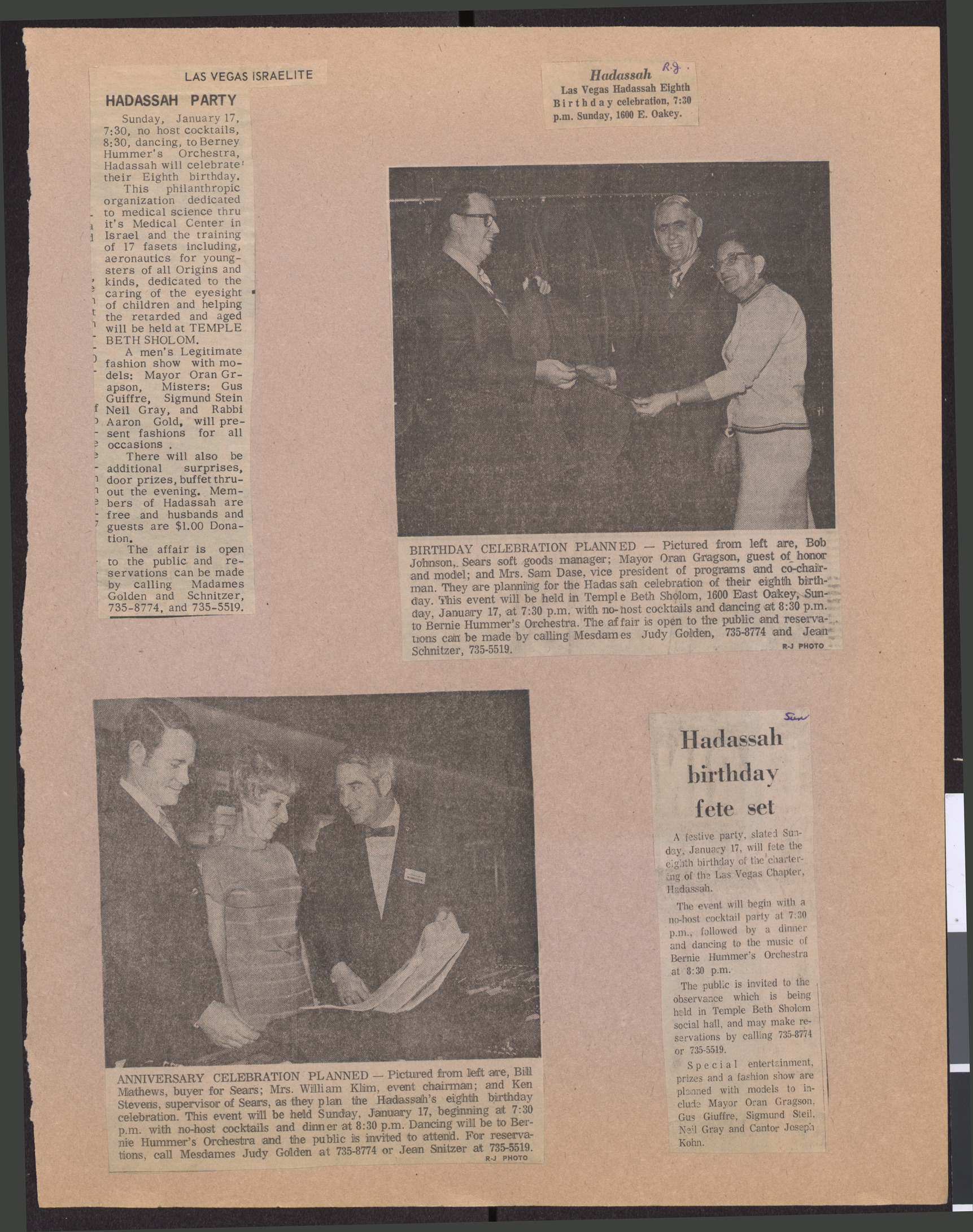 Newspaper clippings about Hadassah's annual birthday party, January 1971