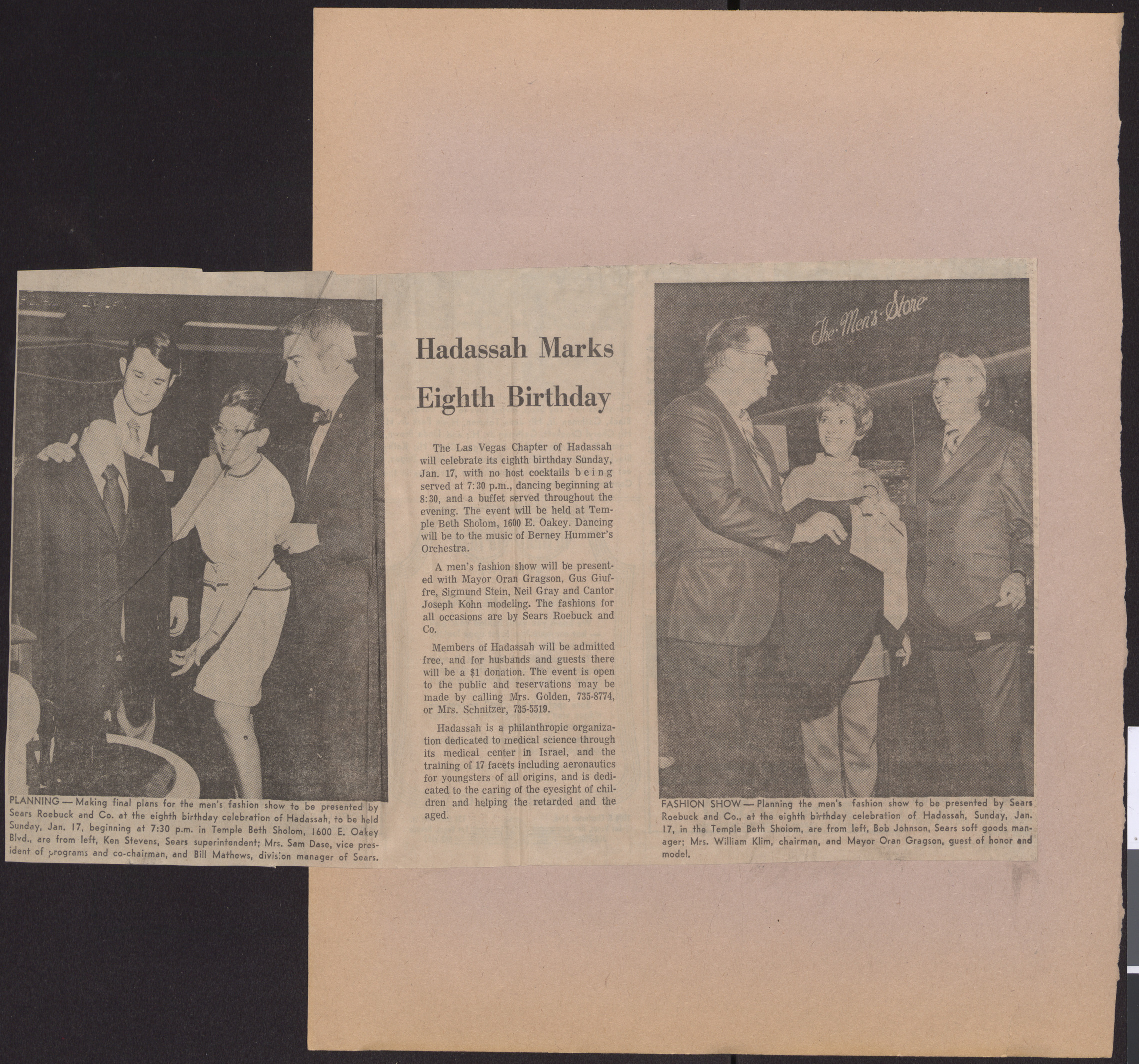 Newspaper clipping, Hadassah Marks Eighth Birthday, publication and date unknown