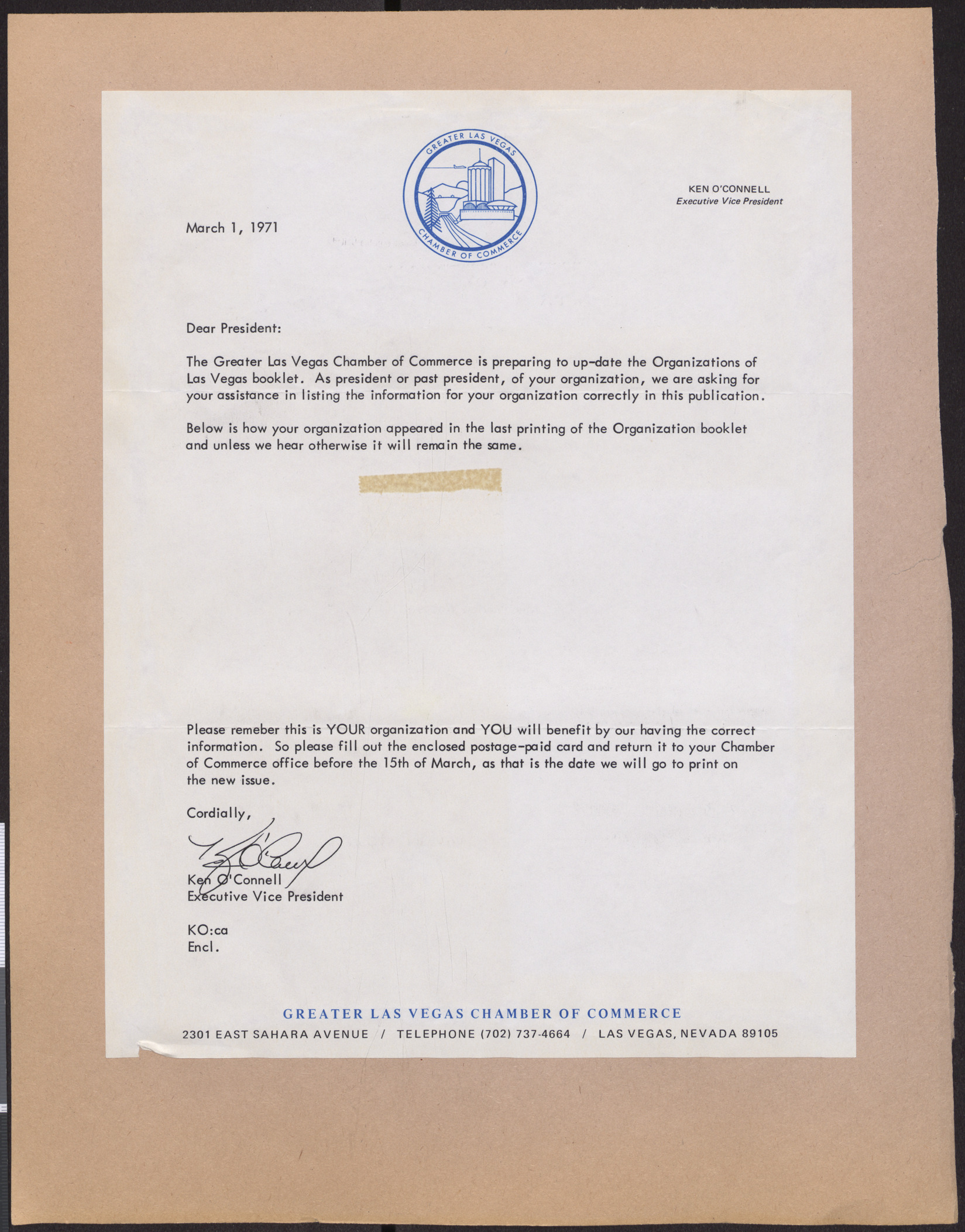 Letter from Ken O'Connell of the Greater Las Vegas Chamber of Commerce (Las Vegas, Nev.) to Hadassah president (Las Vegas, Nev.), March 1, 1971