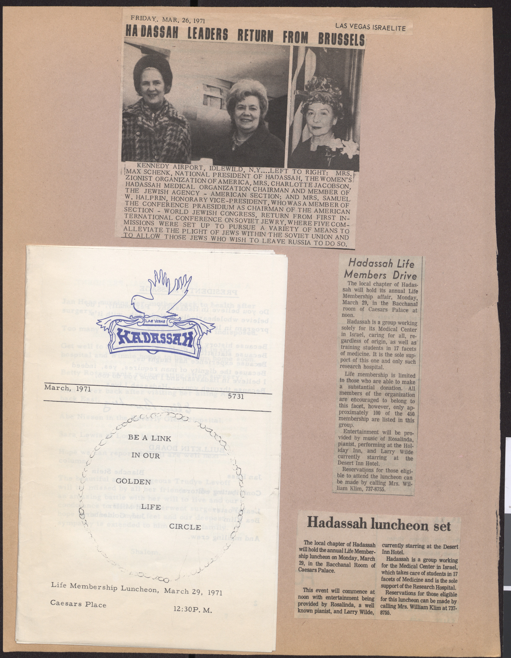 Newspaper clippings about Hadassah leaders, events and meetings, and Hadassah newsletter, March 1971