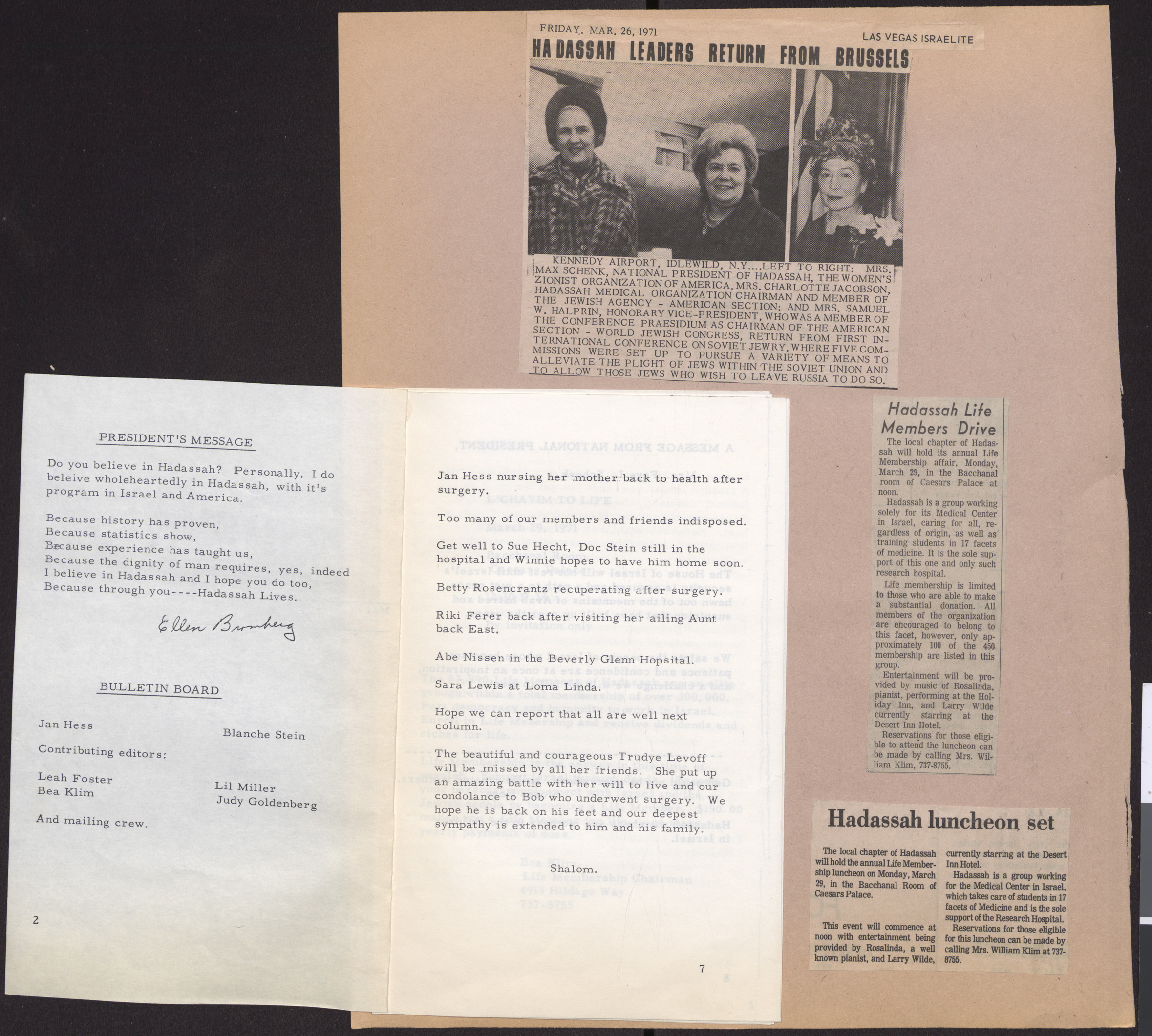 Hadassah newsletter, March 1971, pages 2 and 7