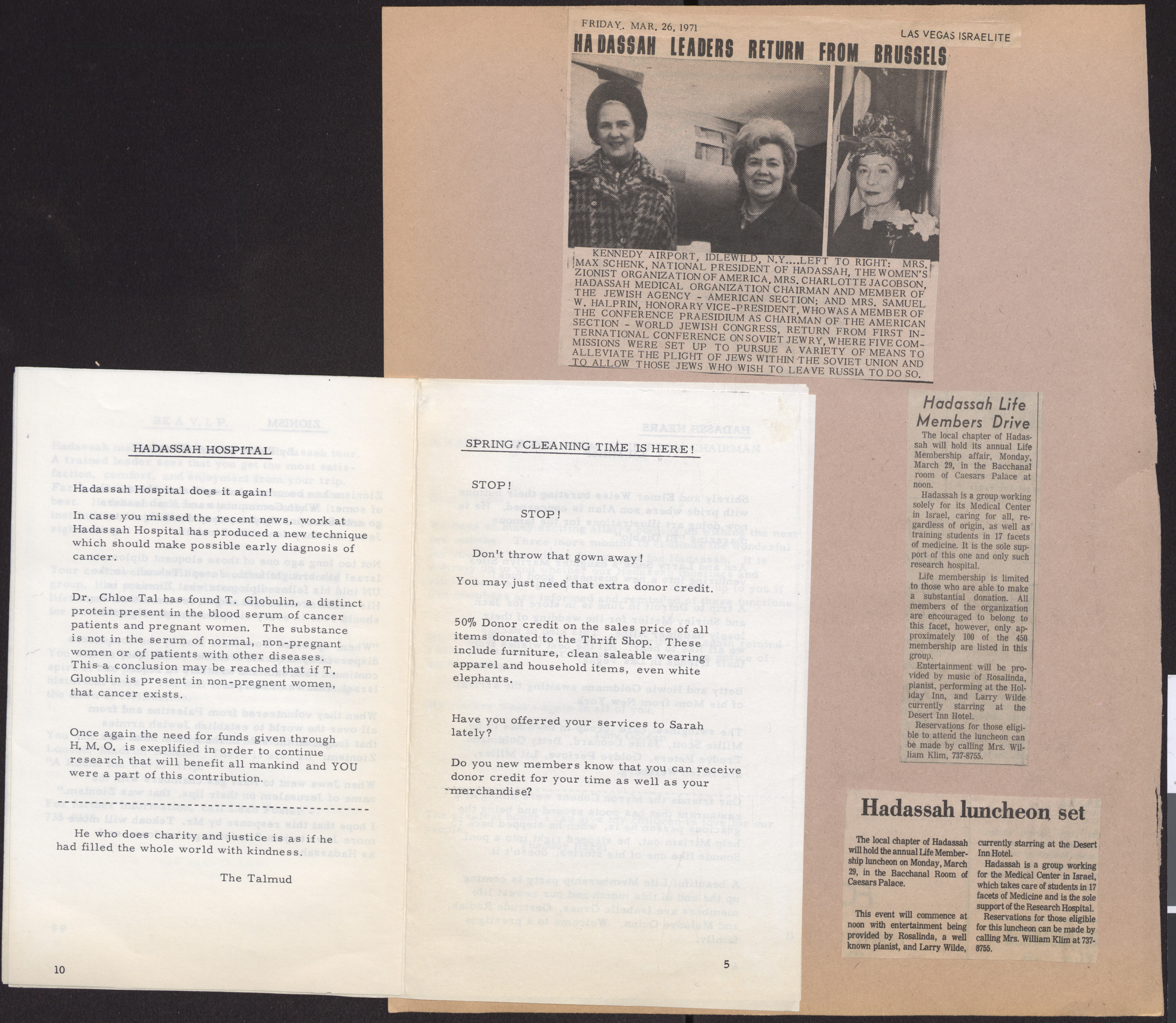 Hadassah newsletter, March 1971, pages 10 and 5