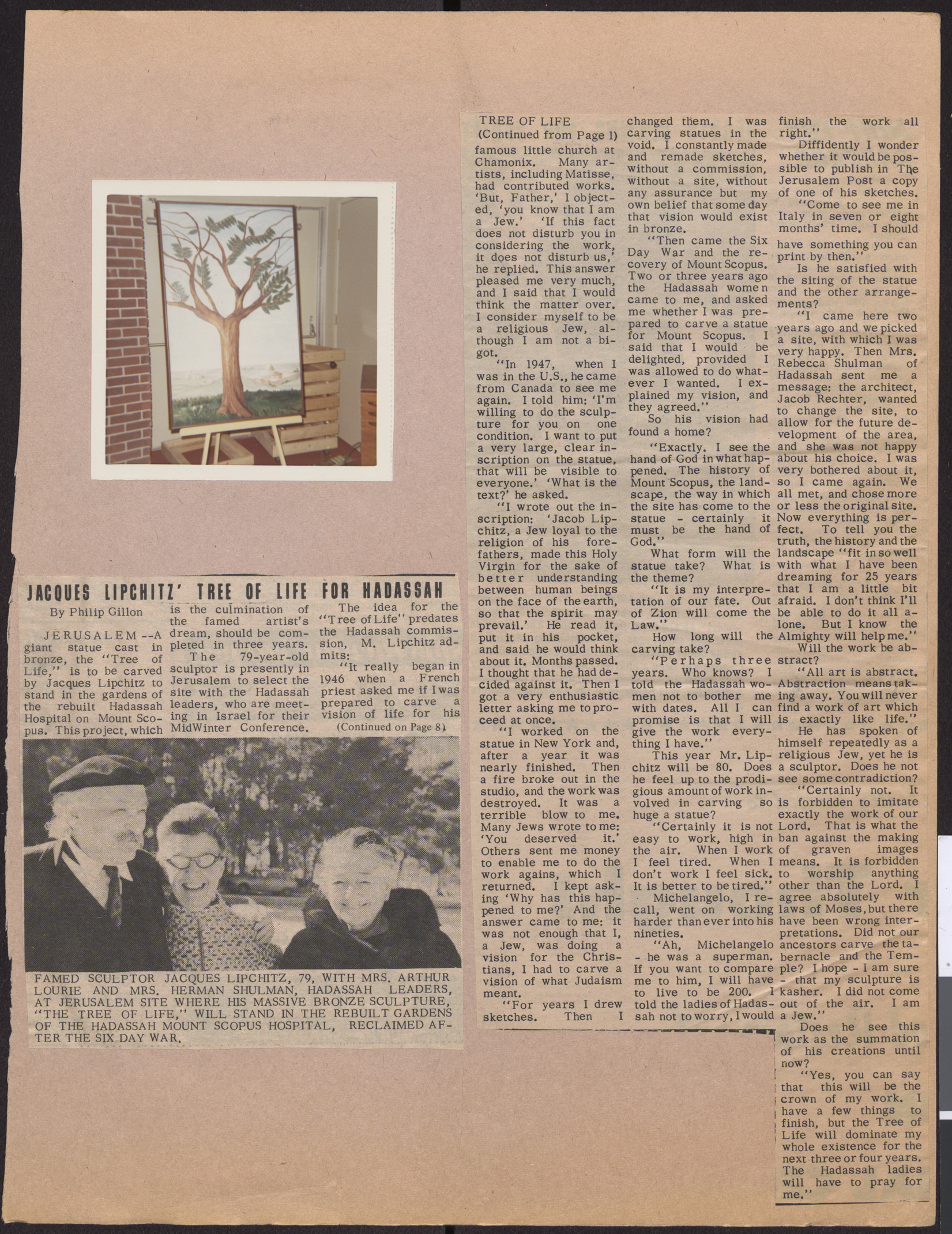 Photograph of Jacques Lipchitz' Tree of Life painting, and newspaper clipping about the painting