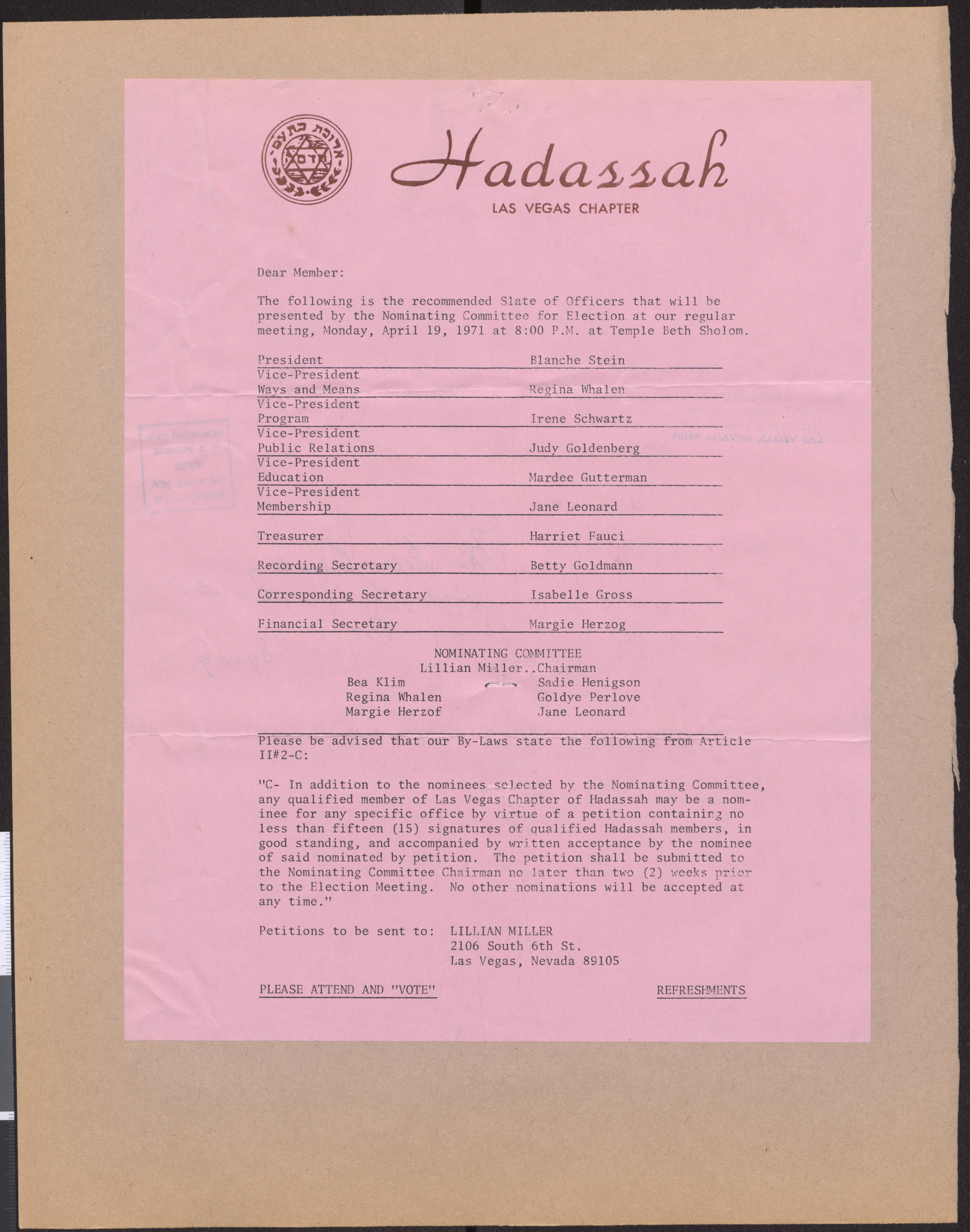 Slate of officers for Hadassah election, April 19, 1971