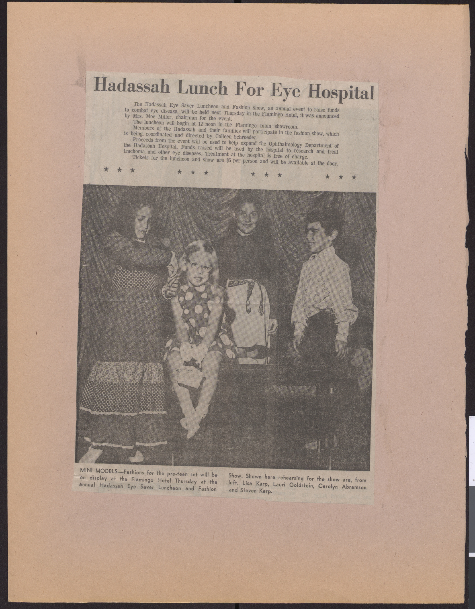 Newspaper clipping, Hadassah Lunch for Eye Hospital, publication and date unknown